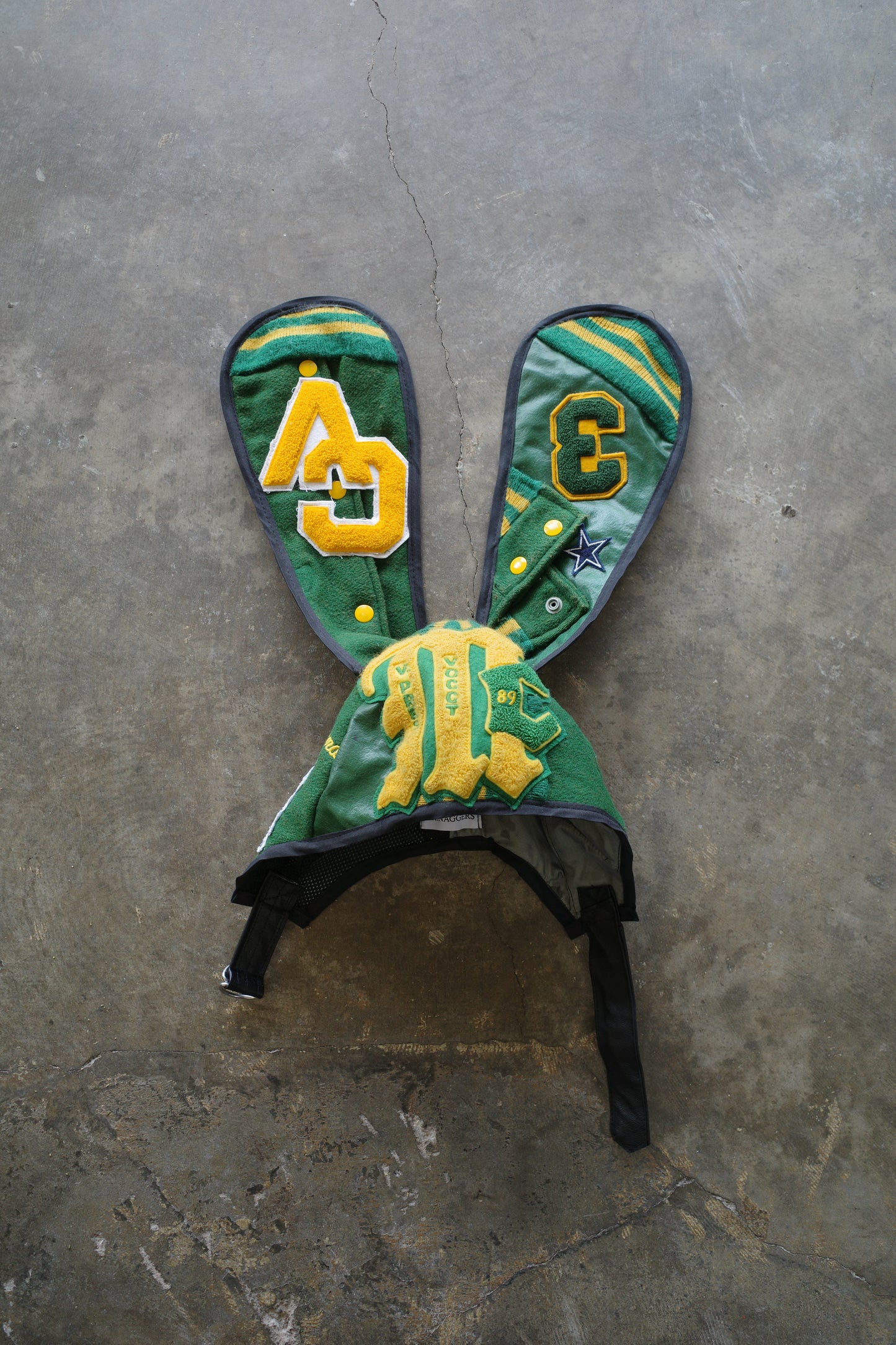 nag nag Bunny Ear Hat made with vintage Varsity Jacket and Patches