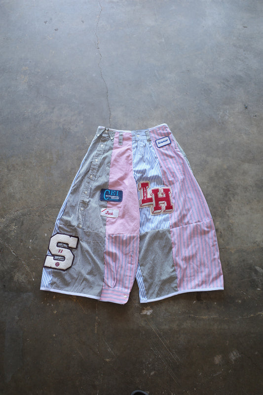 Wide Legged Patched Pants(S) /  made with vintage mens striped shirt w vintage patches