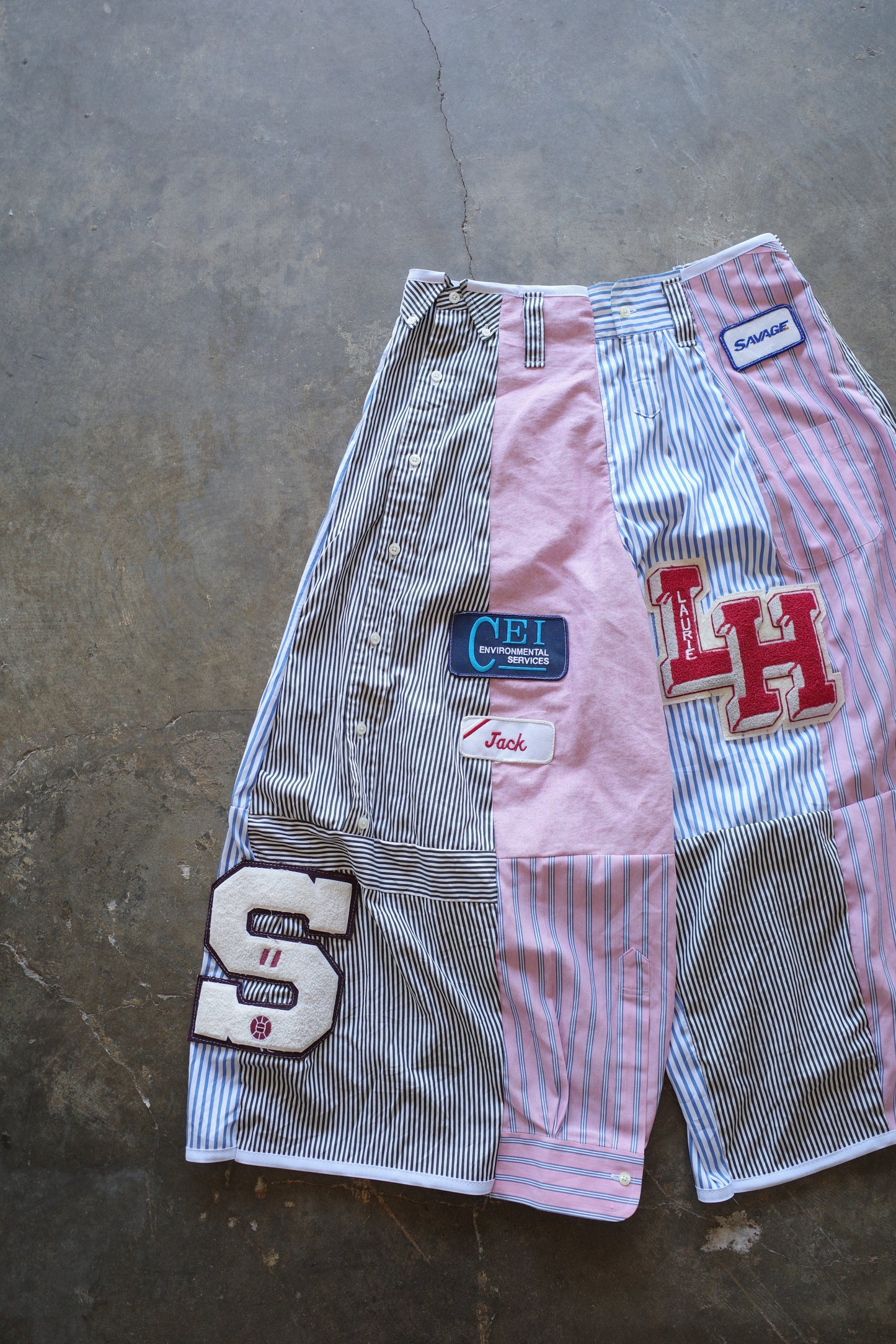 Wide Legged Patched Pants(S) /  made with vintage mens striped shirt w vintage patches