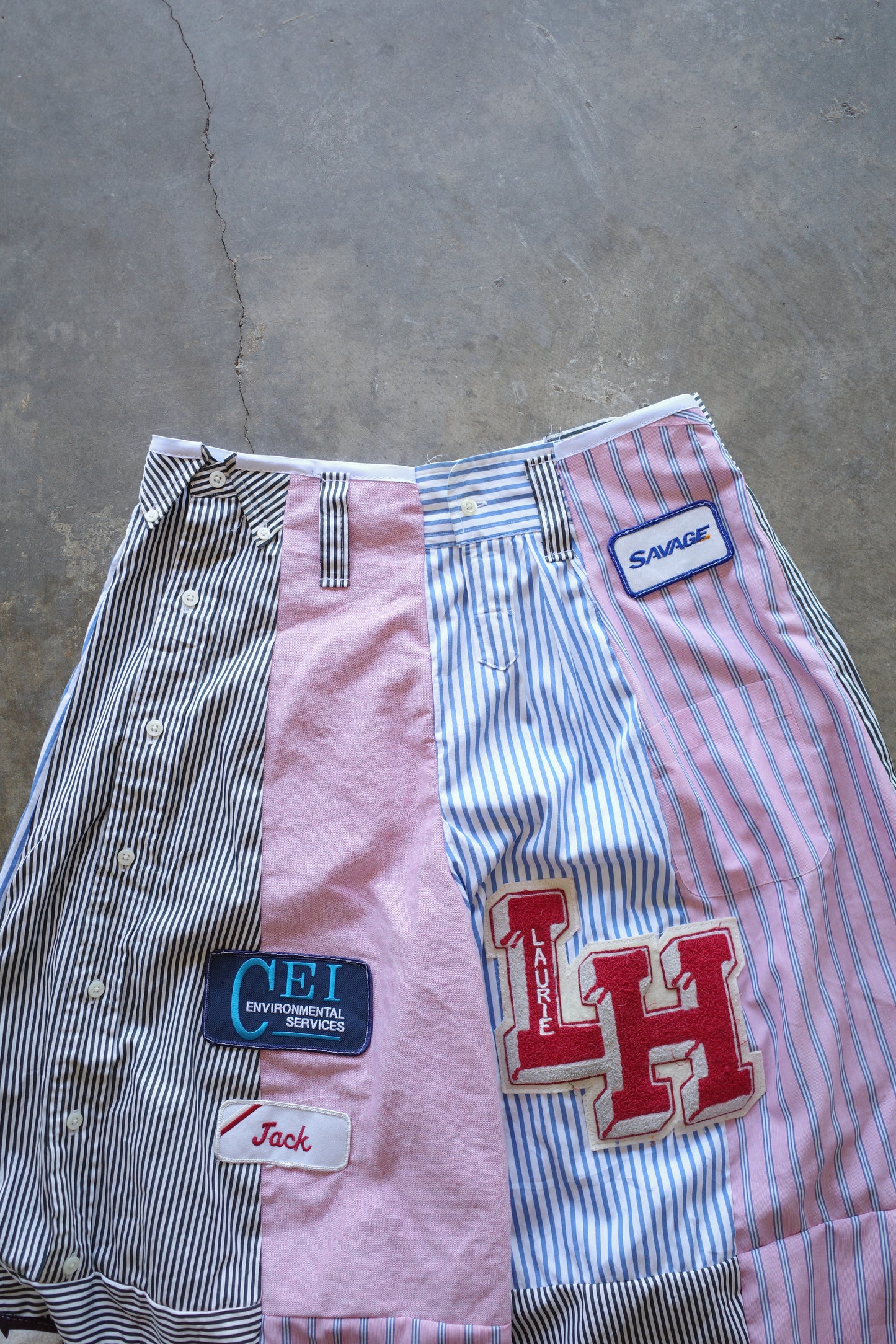 Wide Legged Patched Pants(S) /  made with vintage mens striped shirt w vintage patches