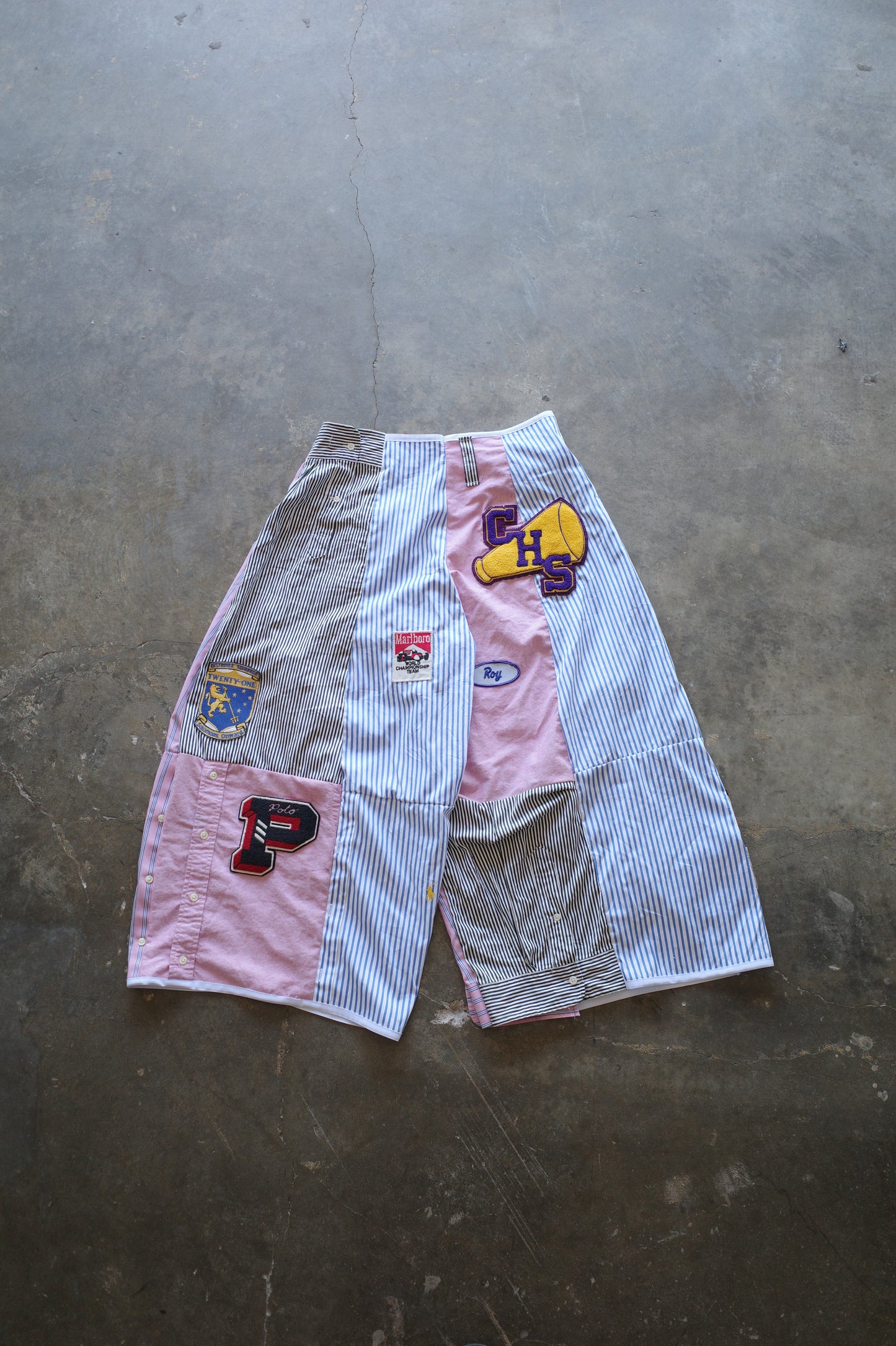 Wide Legged Patched Pants(S) /  made with vintage mens striped shirt w vintage patches
