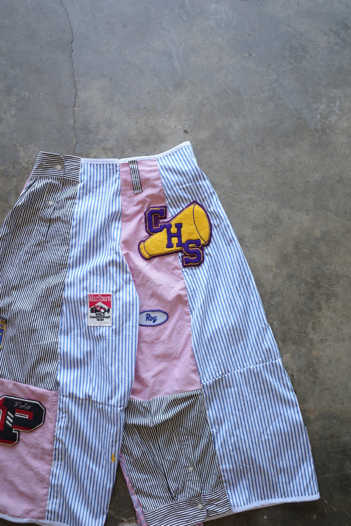 Wide Legged Patched Pants(S) /  made with vintage mens striped shirt w vintage patches