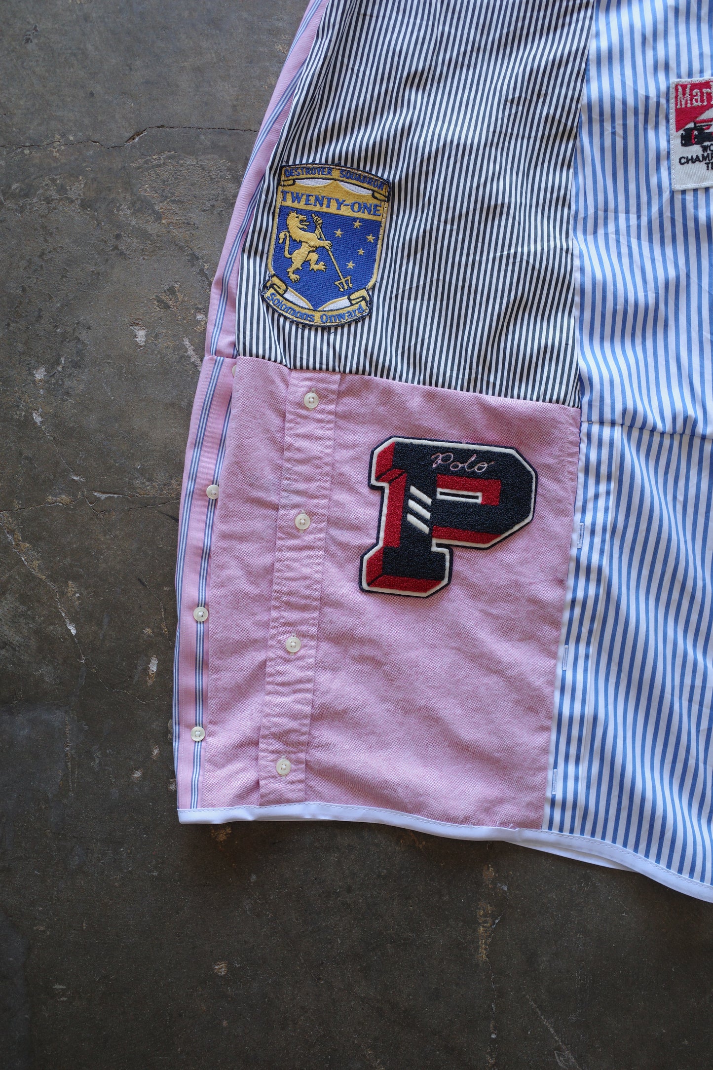 Wide Legged Patched Pants(S) /  made with vintage mens striped shirt w vintage patches