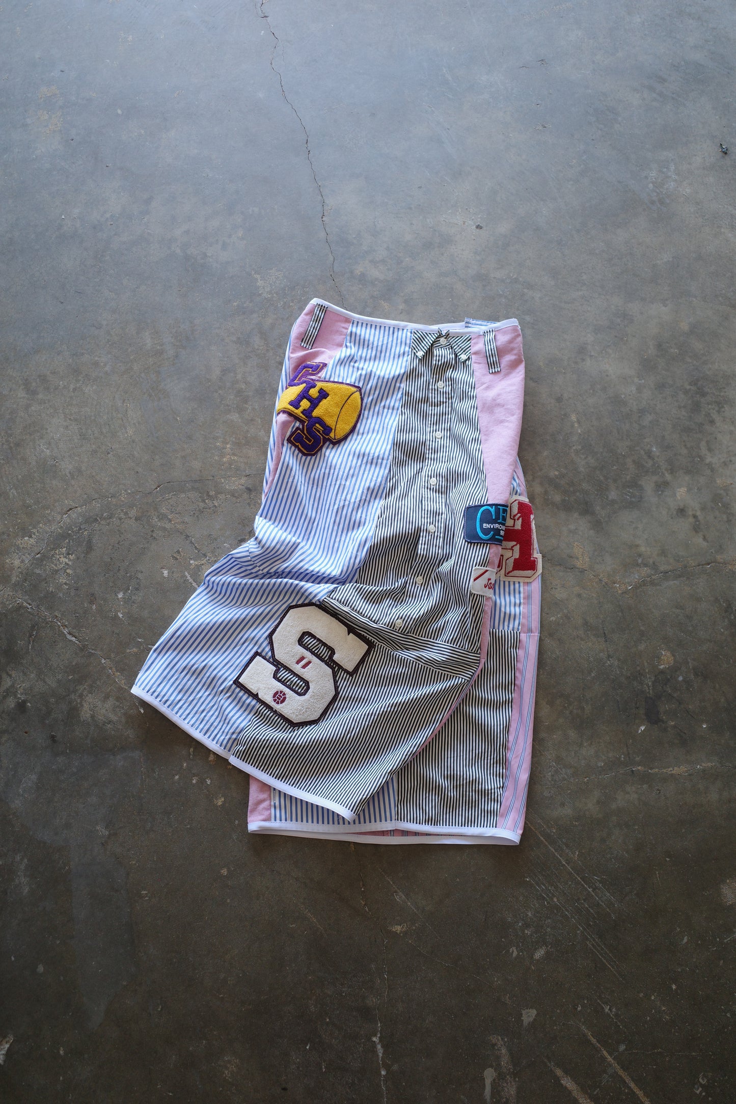 Wide Legged Patched Pants(S) /  made with vintage mens striped shirt w vintage patches