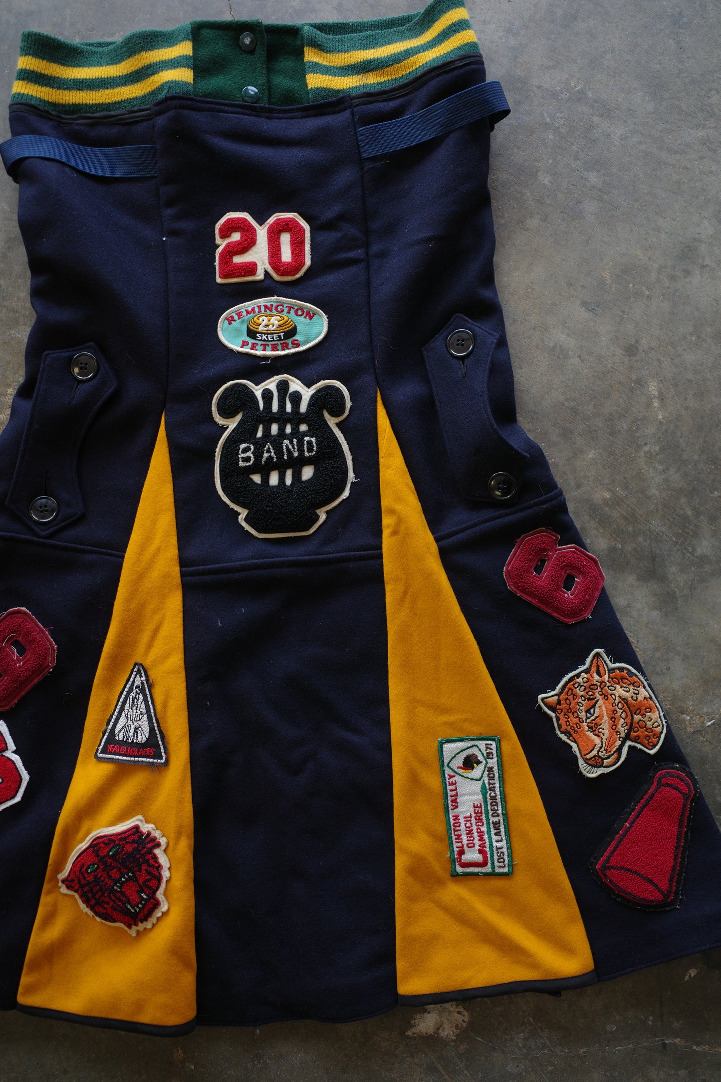 Paneled skirt w vintage patches/ made from vintage us.military issues sailor top and cape