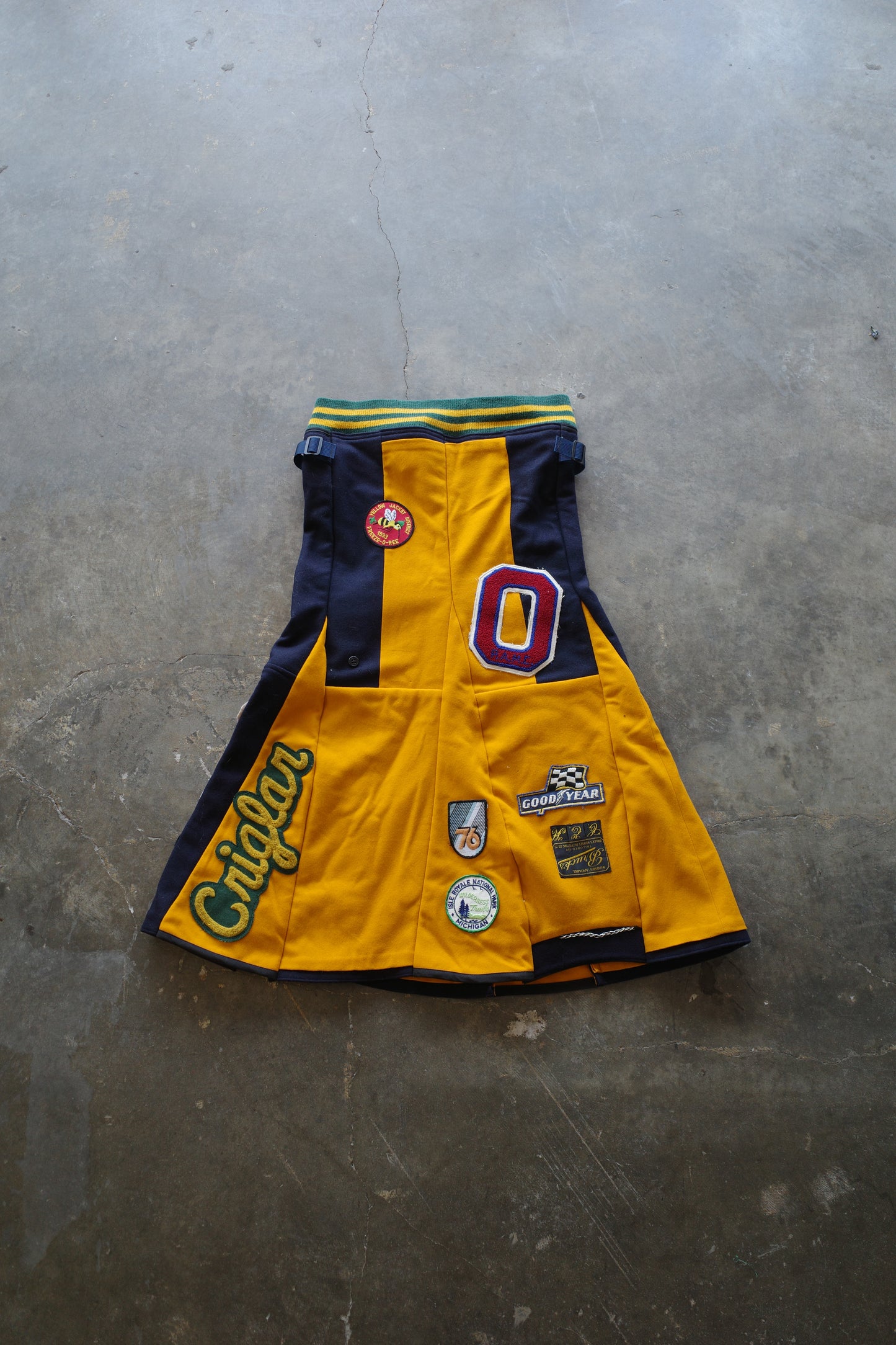 Paneled skirt w vintage patches/ made from vintage us.military issues sailor top and cape