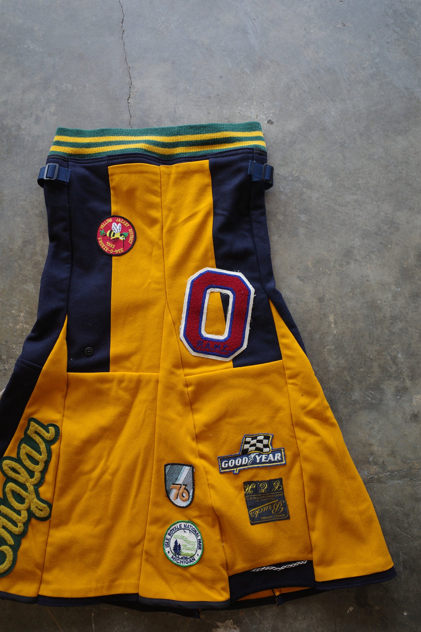 Paneled skirt w vintage patches/ made from vintage us.military issues sailor top and cape