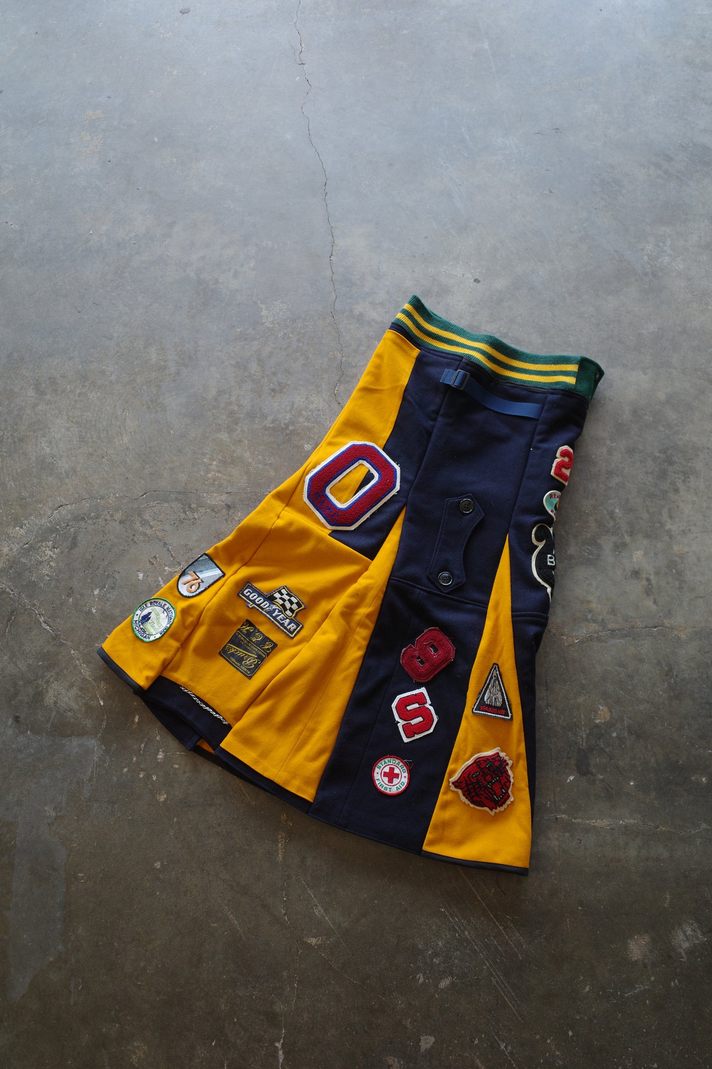 Paneled skirt w vintage patches/ made from vintage us.military issues sailor top and cape