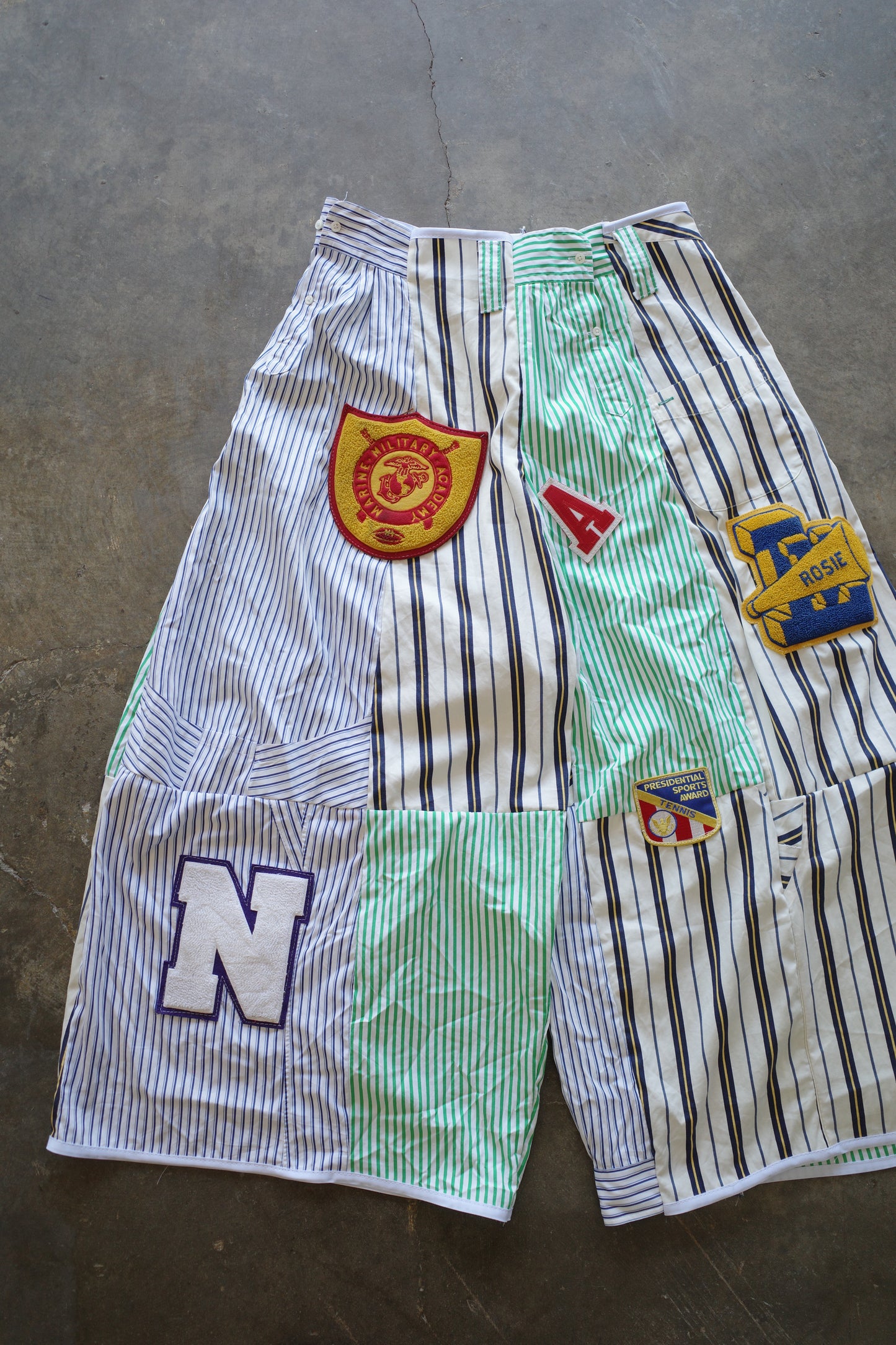 Wide Legged Patched Pants(L) /  made with vintage mens striped shirt w vintage patches