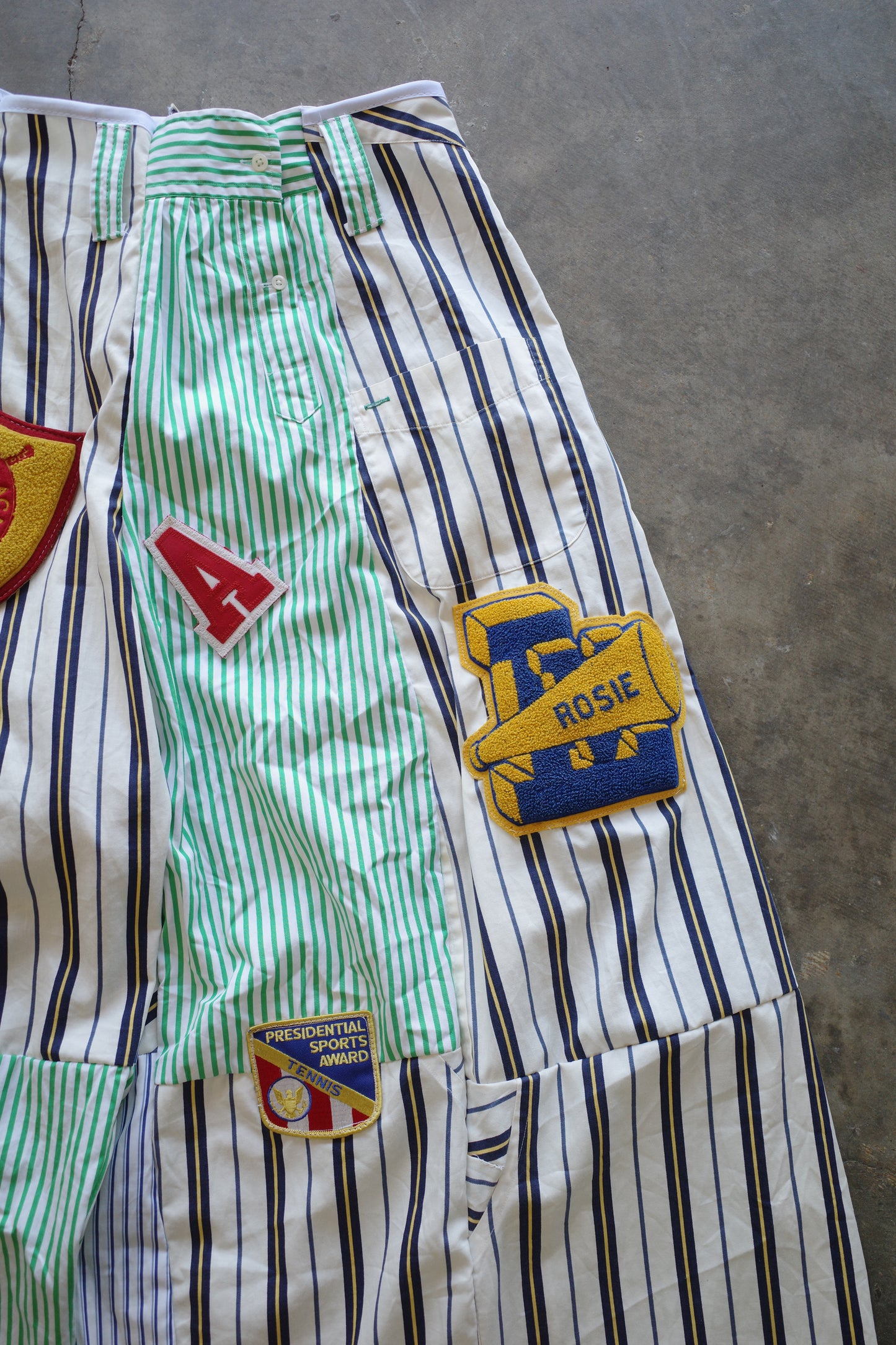 Wide Legged Patched Pants(L) /  made with vintage mens striped shirt w vintage patches