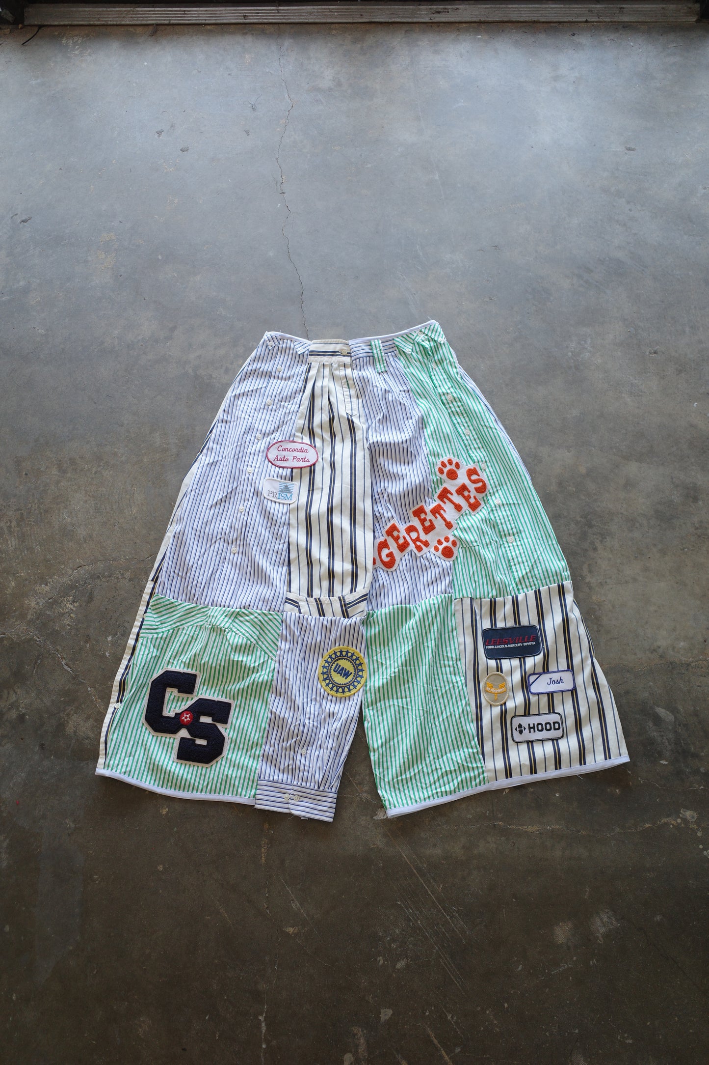 Wide Legged Patched Pants(L) /  made with vintage mens striped shirt w vintage patches