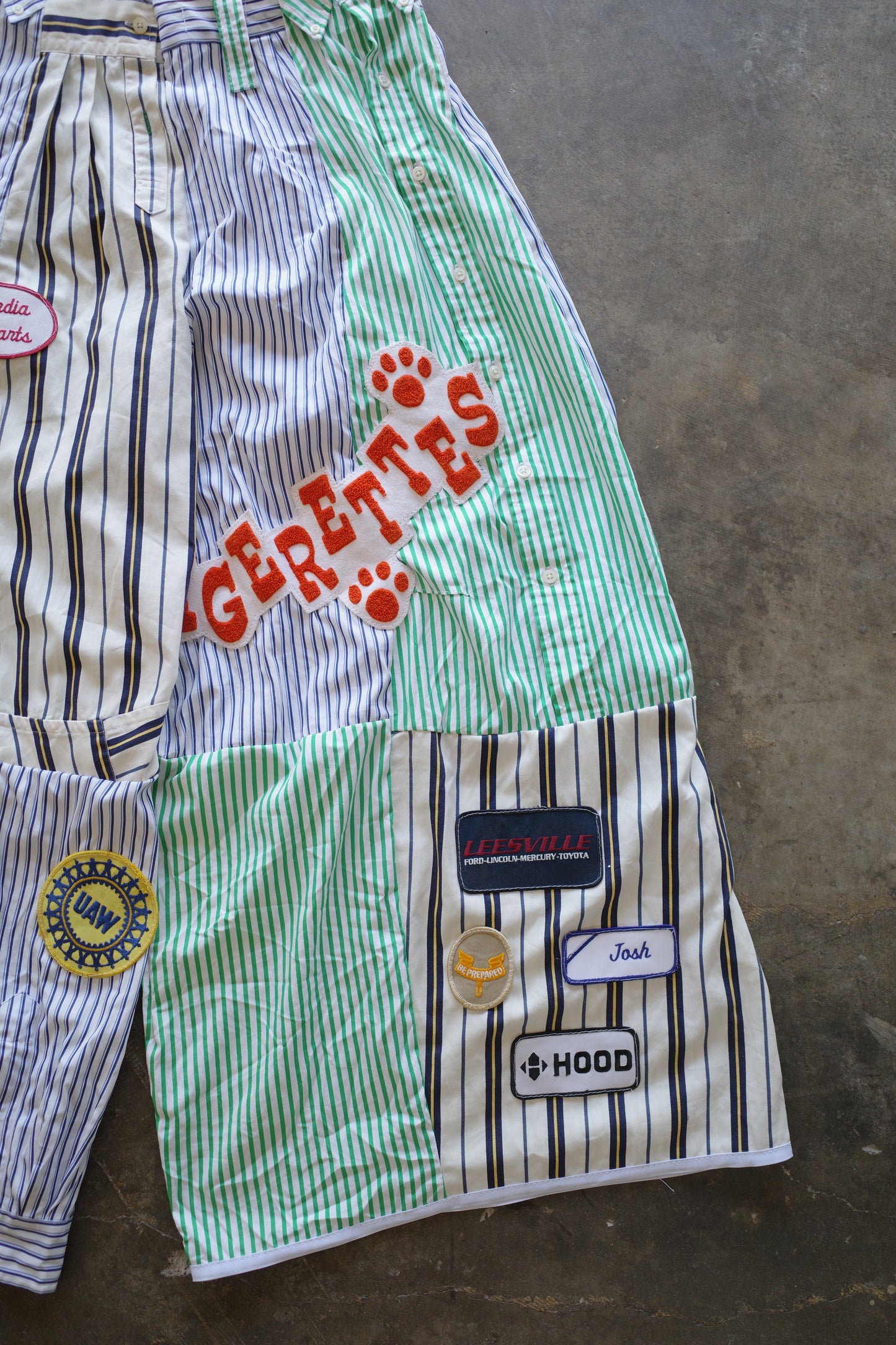Wide Legged Patched Pants(L) /  made with vintage mens striped shirt w vintage patches