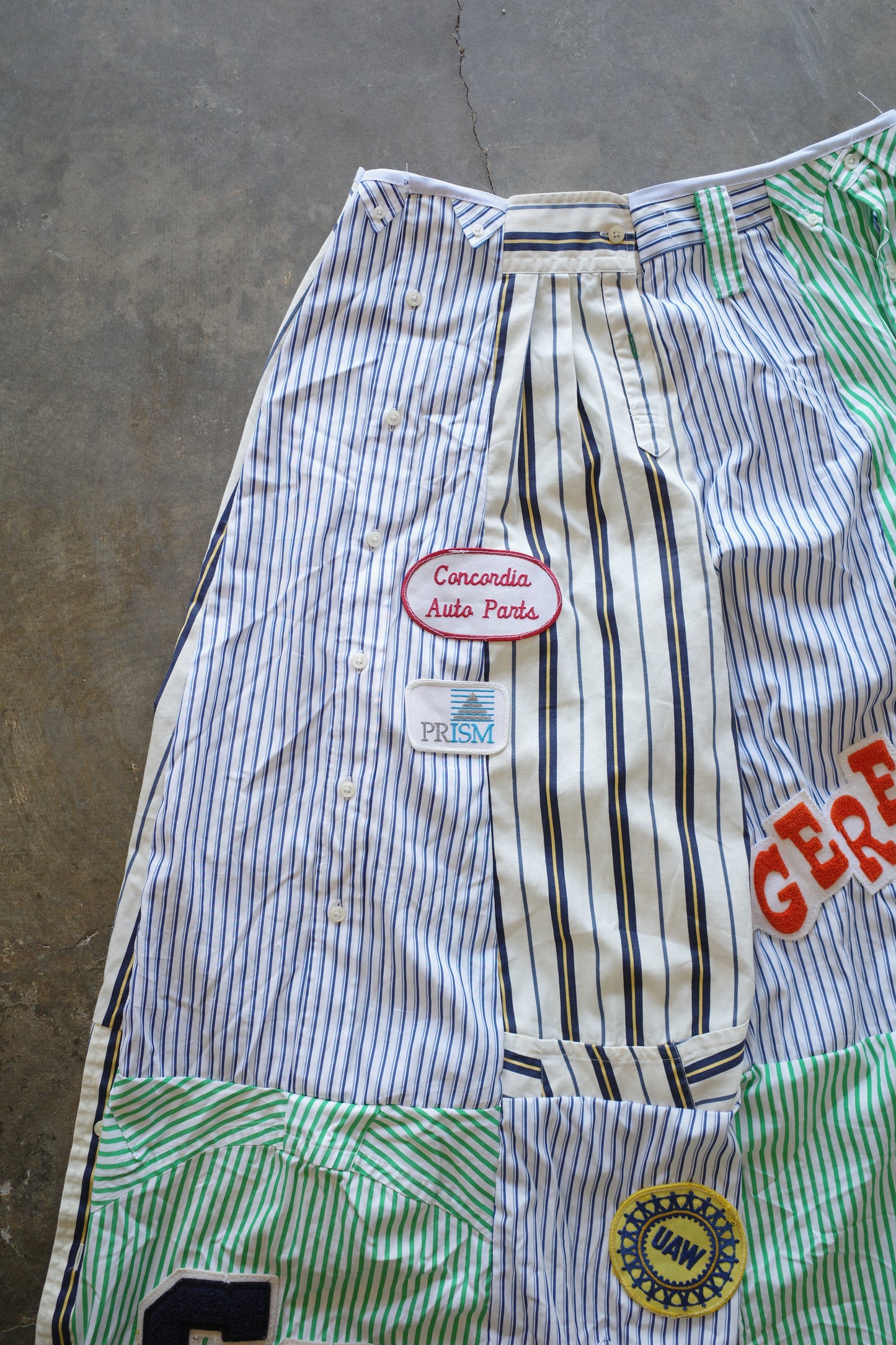 Wide Legged Patched Pants(L) /  made with vintage mens striped shirt w vintage patches
