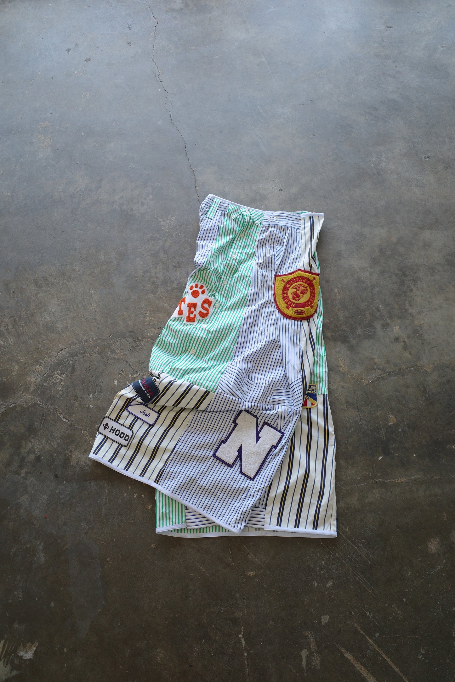 Wide Legged Patched Pants(L) /  made with vintage mens striped shirt w vintage patches