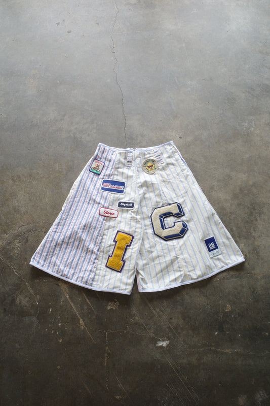 Patched Baggy Shorts (32)/made w vintage striped shirt and vintage patches