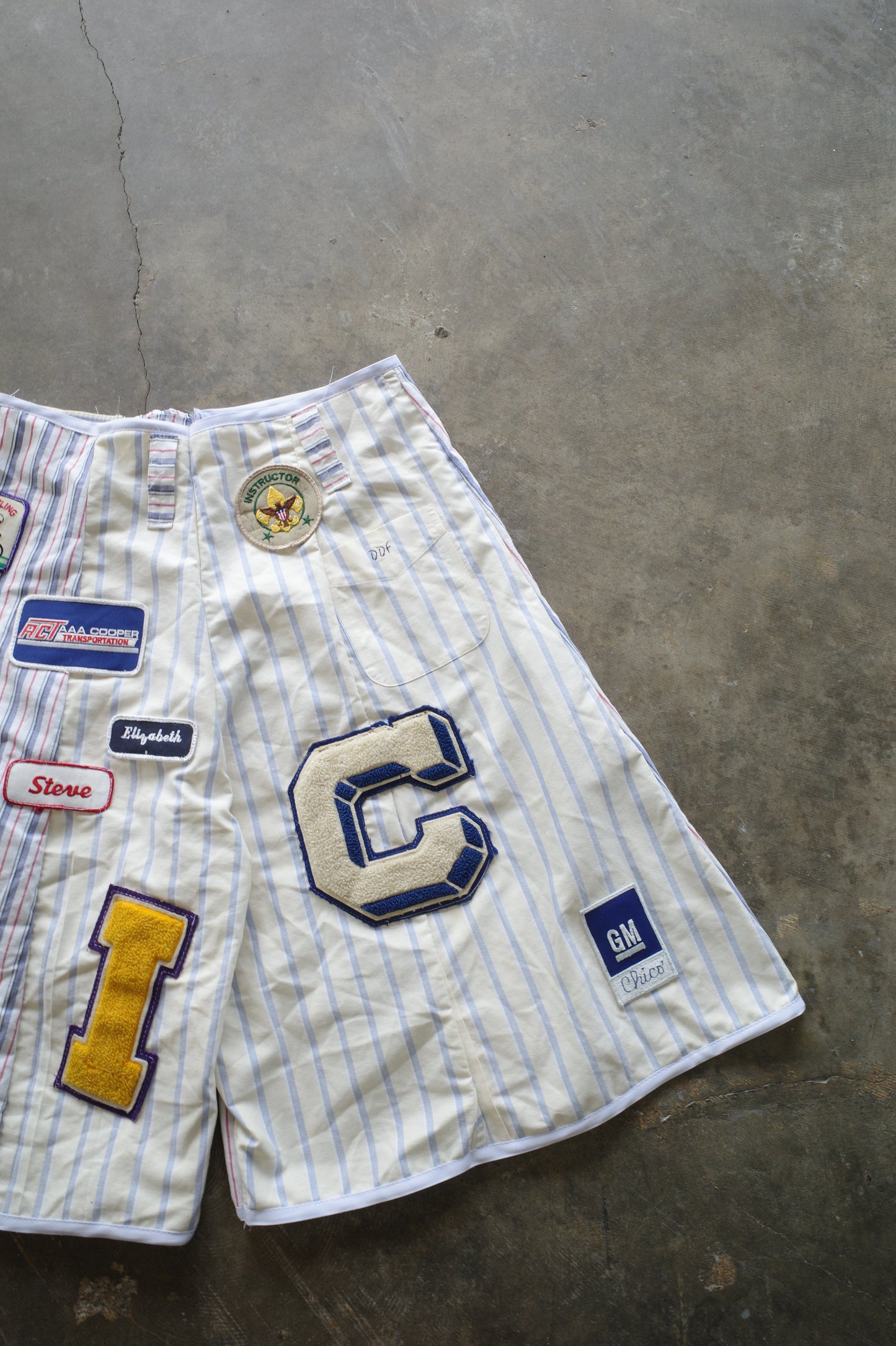 Patched Baggy Shorts (32)/made w vintage striped shirt and vintage patches