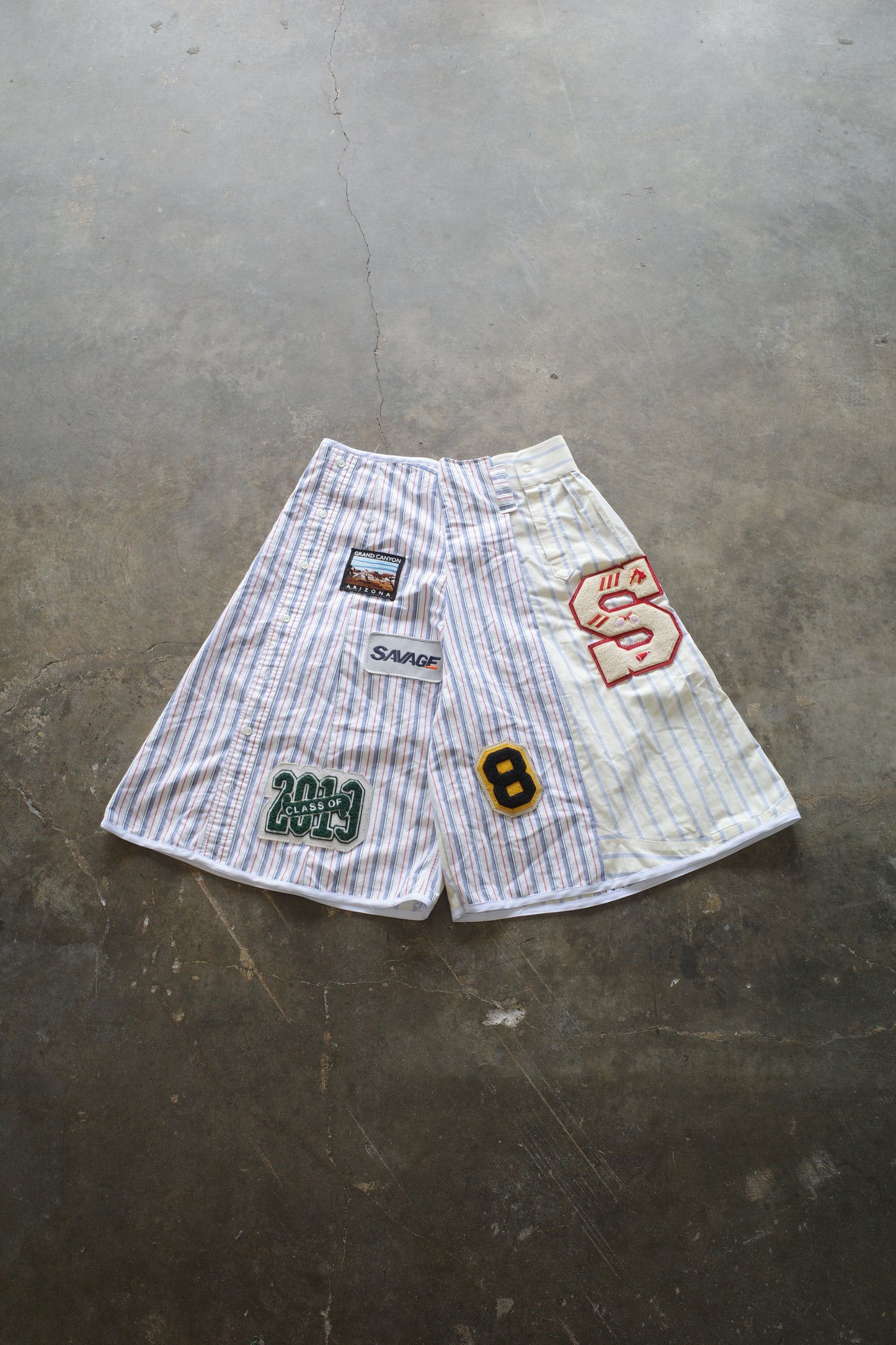 Patched Baggy Shorts (32)/made w vintage striped shirt and vintage patches