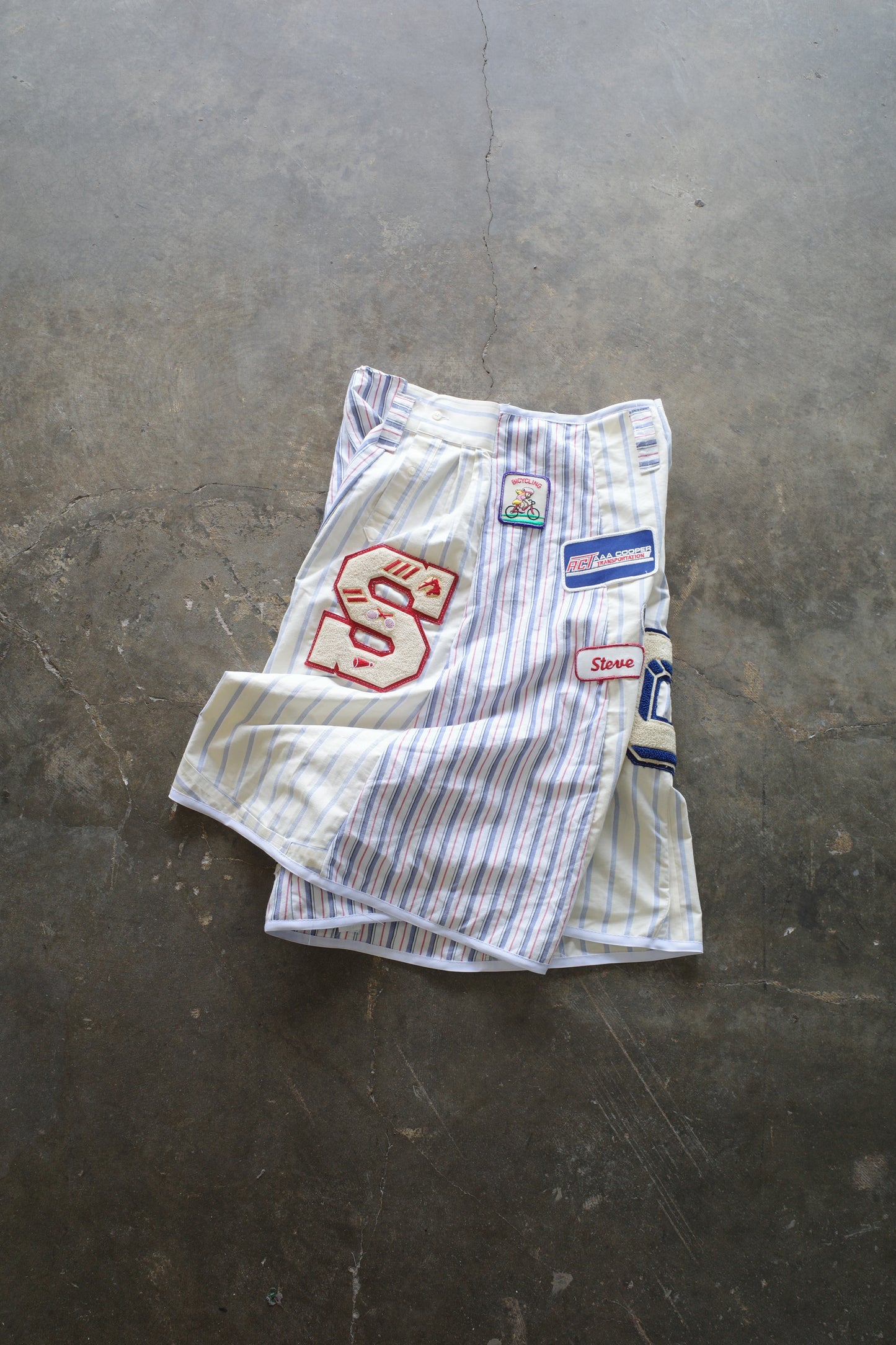 Patched Baggy Shorts (32)/made w vintage striped shirt and vintage patches