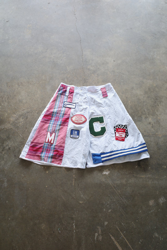 Patched Baggy Shorts (36)/made w vintage striped shirt and vintage patches
