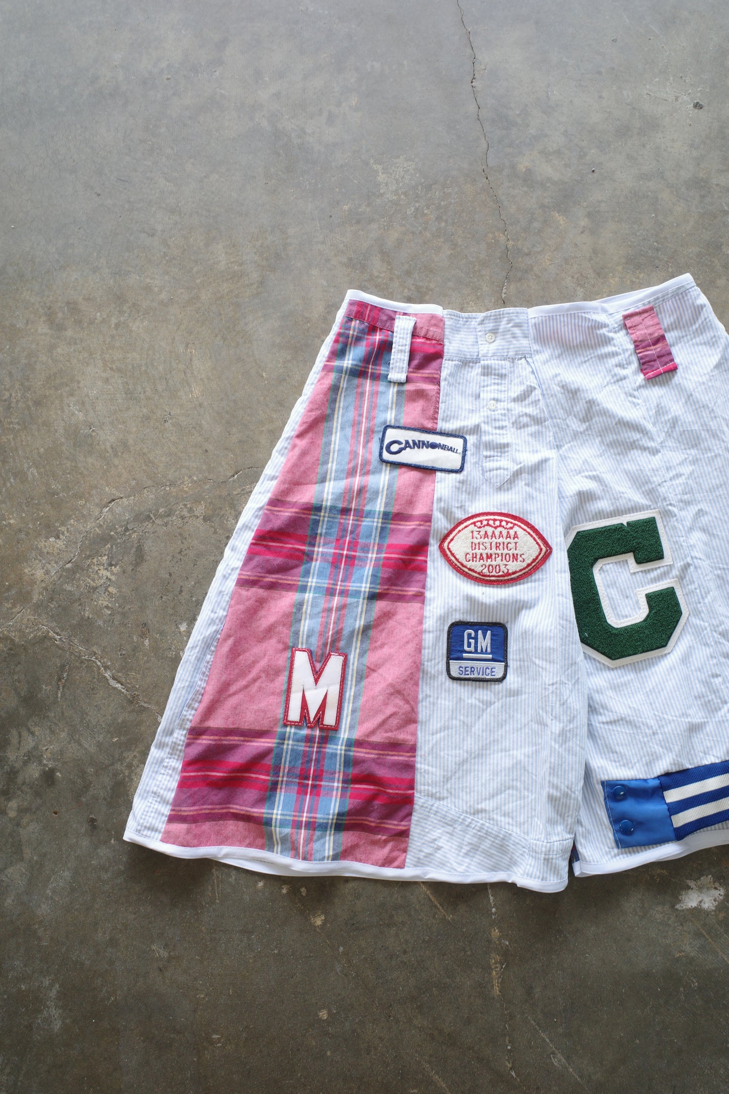 Patched Baggy Shorts (36)/made w vintage striped shirt and vintage patches