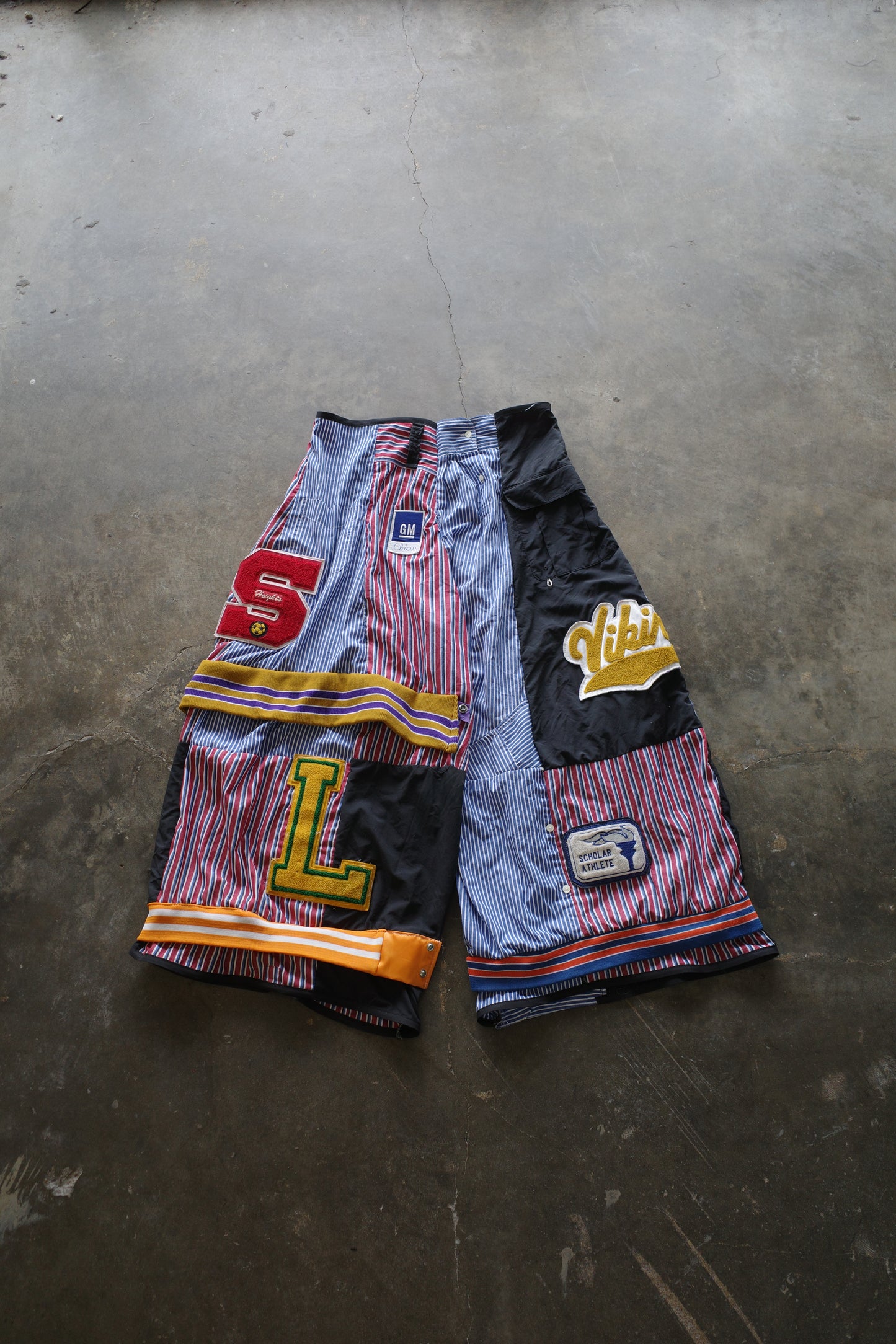 Wide Legged Patched Pants(L) /  made with vintage mens striped shirt w vintage patches (Copy)
