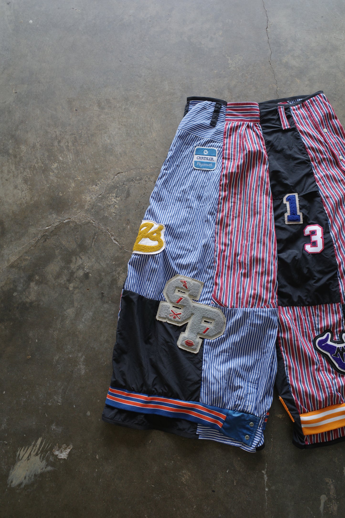 Wide Legged Patched Pants(L) /  made with vintage mens striped shirt w vintage patches (Copy)
