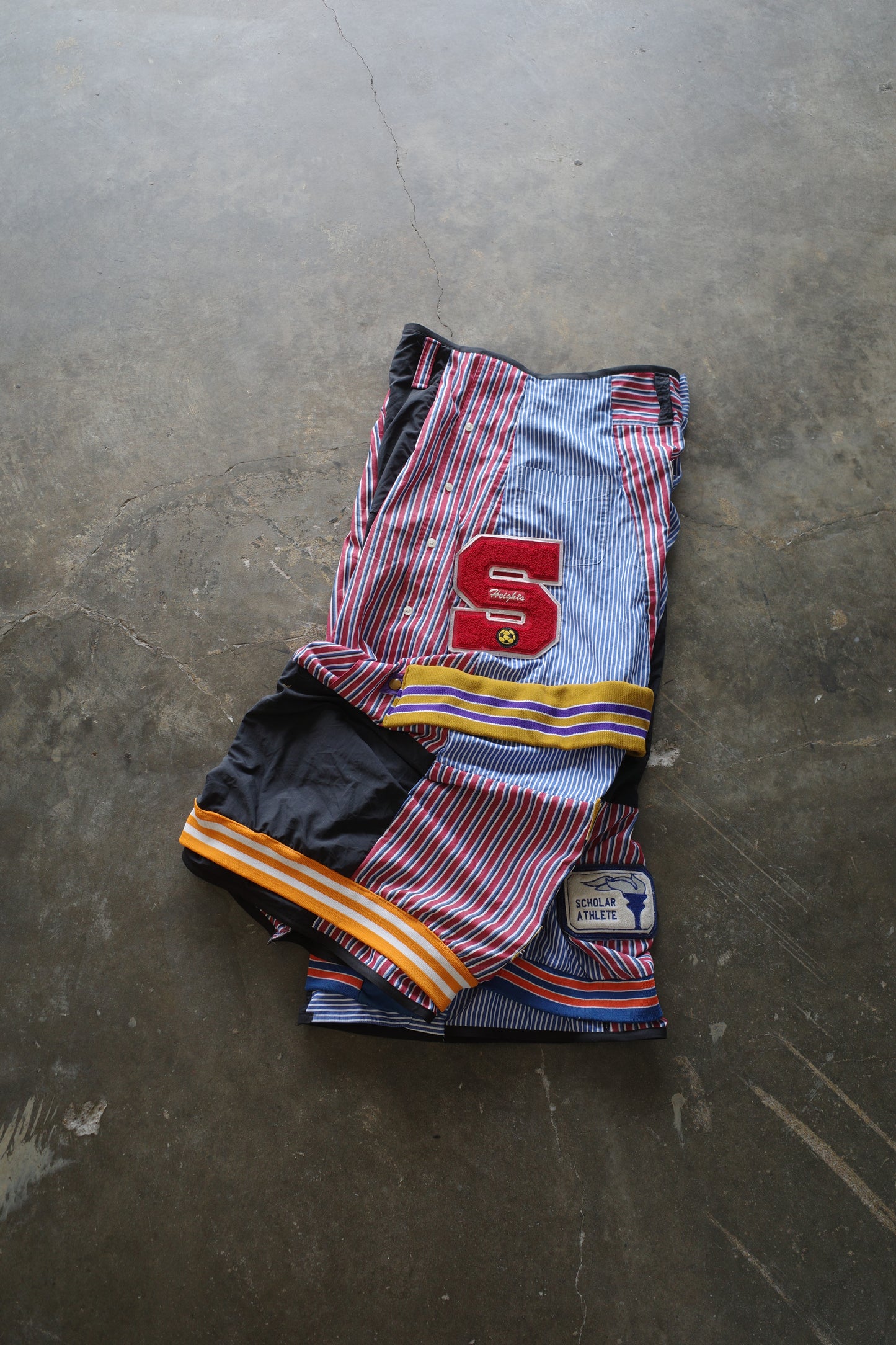 Wide Legged Patched Pants(L) /  made with vintage mens striped shirt w vintage patches (Copy)