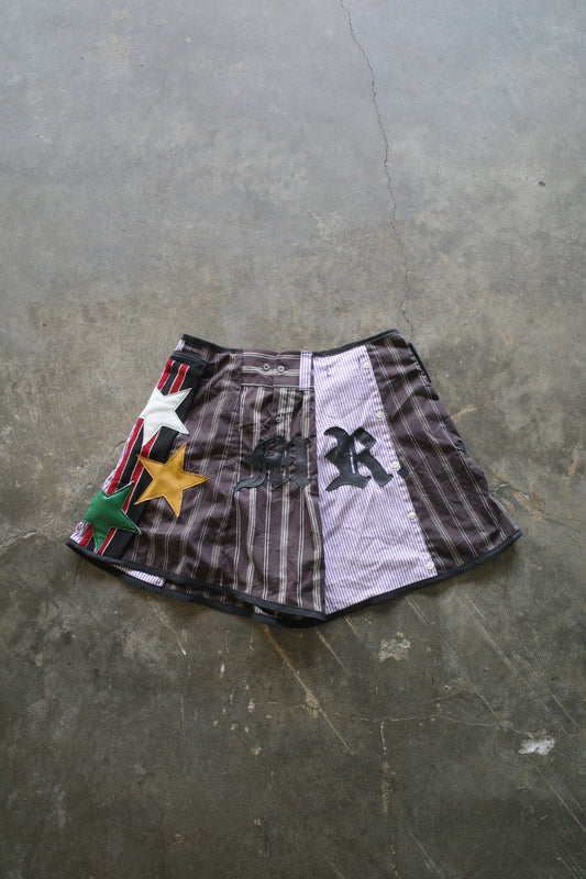 "The MR.Shorts"made with vintage stripe shirt & 3R. original leather patch