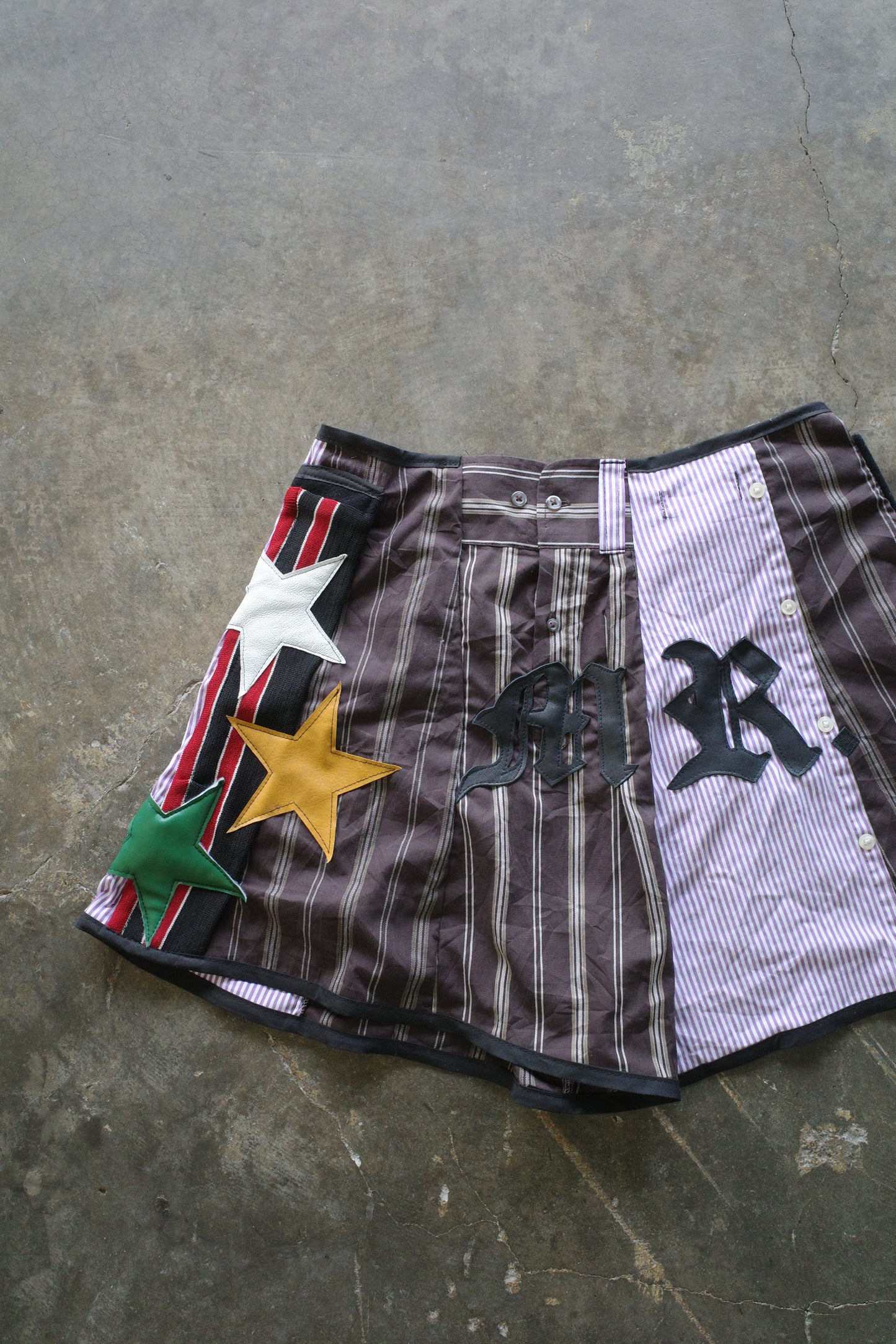 "The MR.Shorts"made with vintage stripe shirt & 3R. original leather patch