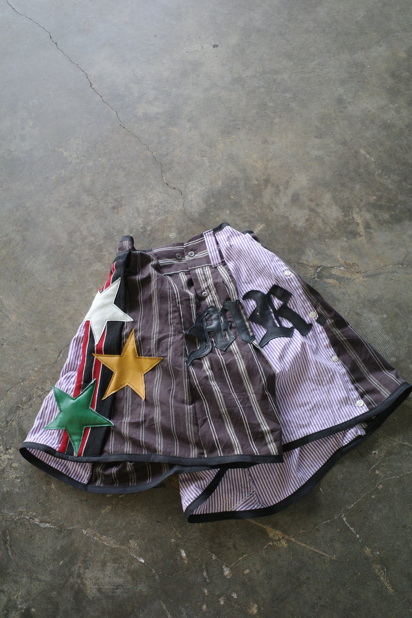 "The MR.Shorts"made with vintage stripe shirt & 3R. original leather patch