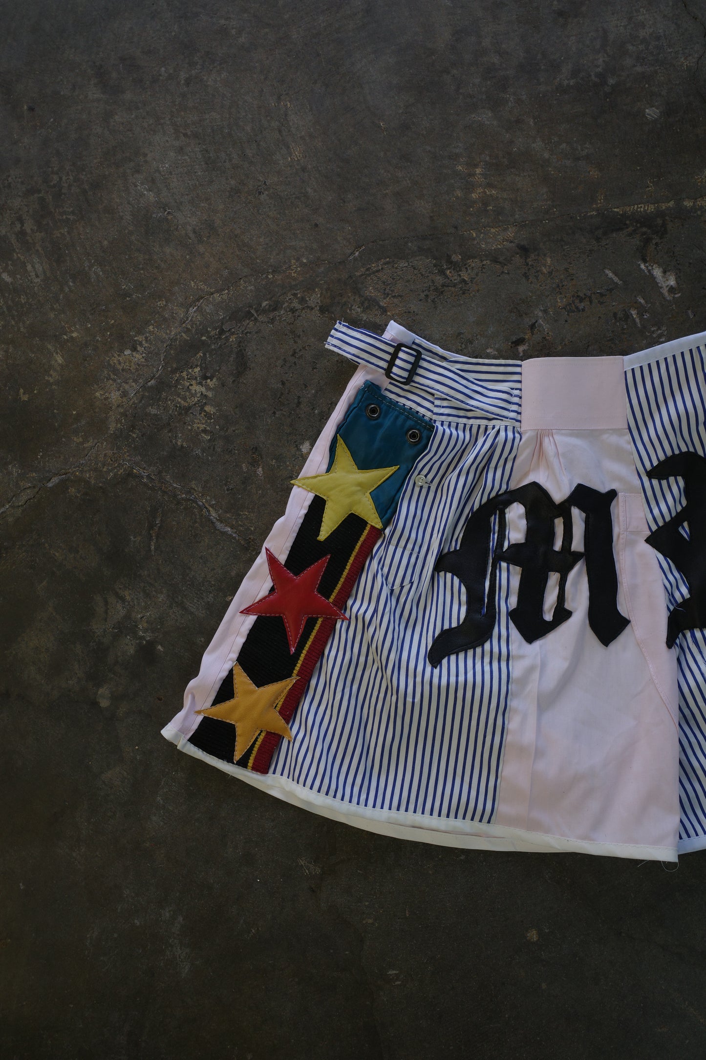 "The MR.Shorts"made with vintage stripe shirt & 3R. original leather patch