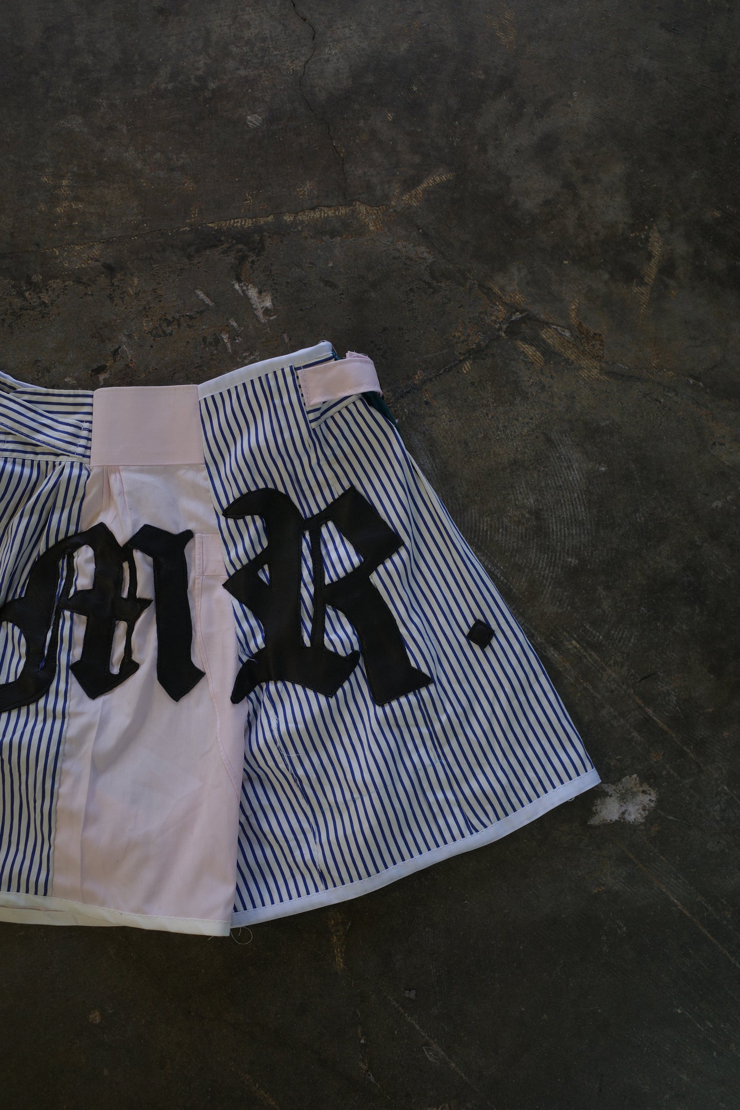 "The MR.Shorts"made with vintage stripe shirt & 3R. original leather patch