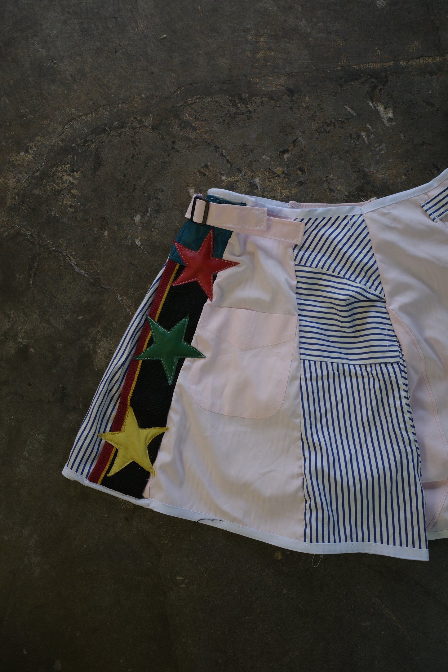 "The MR.Shorts"made with vintage stripe shirt & 3R. original leather patch