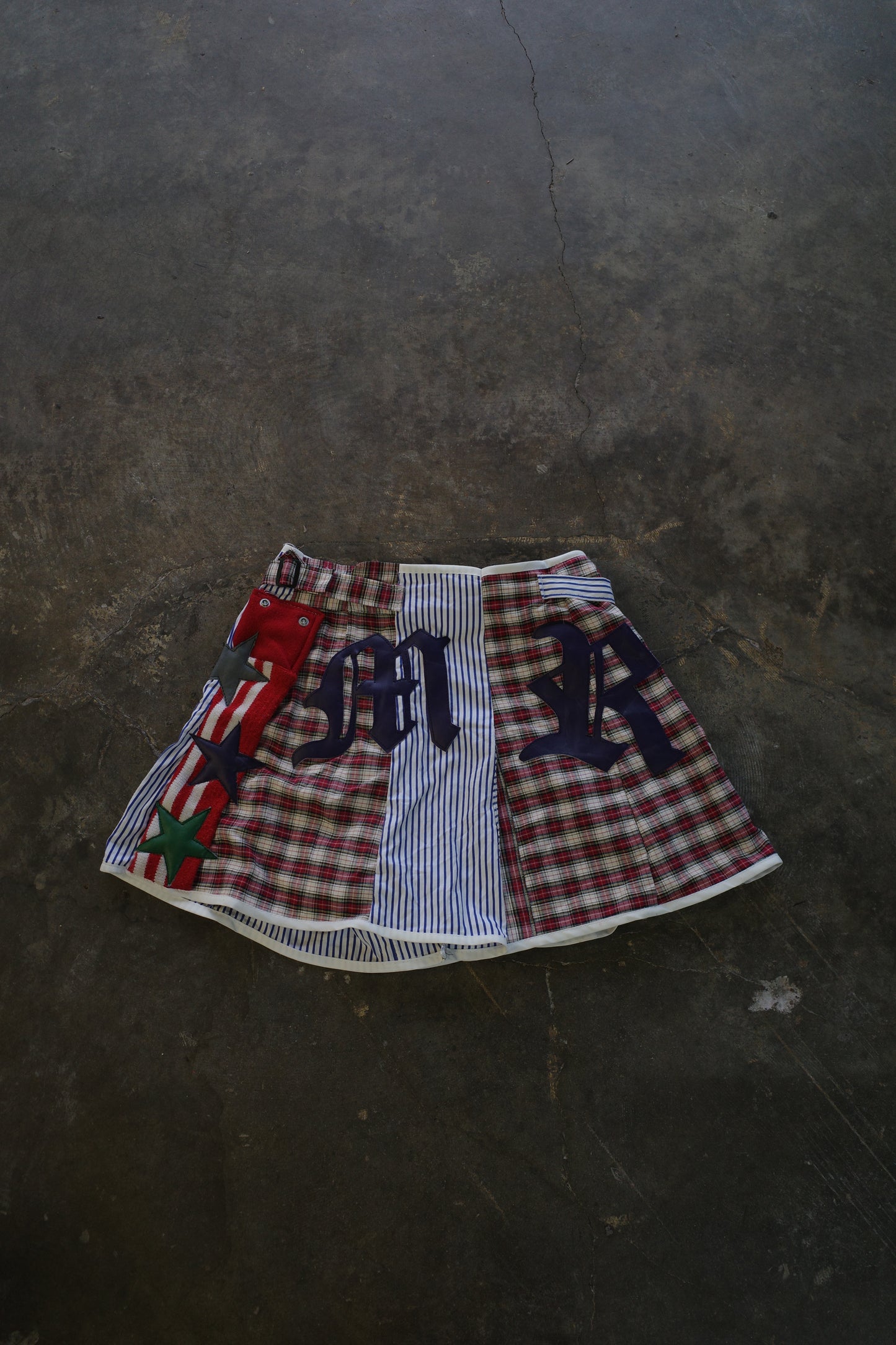 "The MR.Shorts"made with vintage stripe shirt & 3R. original leather patch