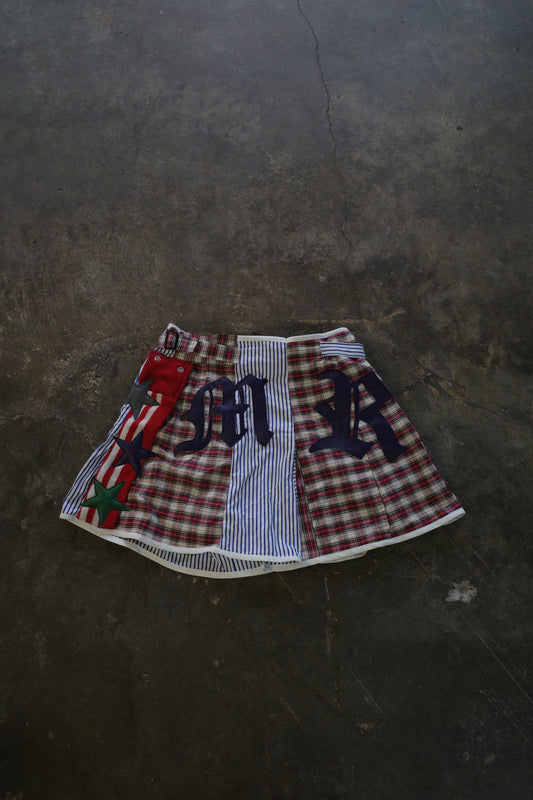 "The MR.Shorts"made with vintage stripe shirt & 3R. original leather patch