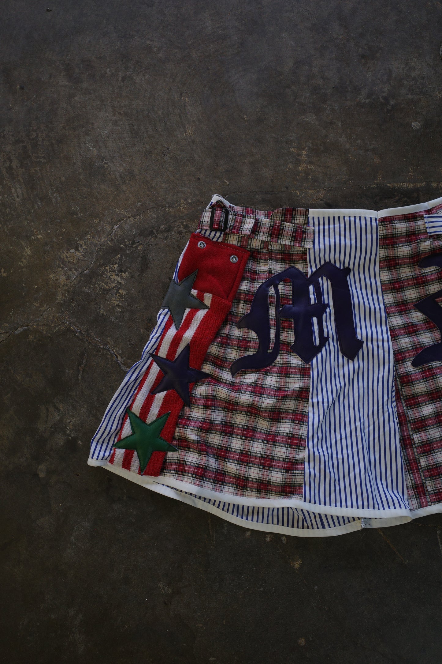 "The MR.Shorts"made with vintage stripe shirt & 3R. original leather patch
