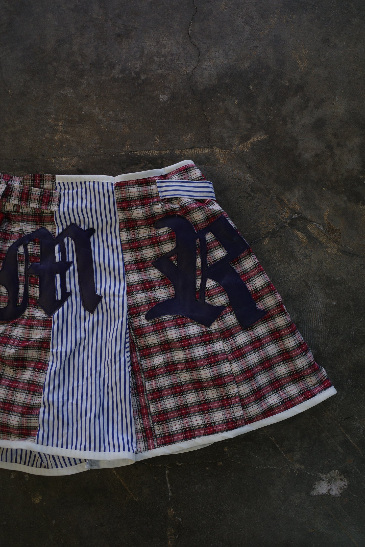 "The MR.Shorts"made with vintage stripe shirt & 3R. original leather patch
