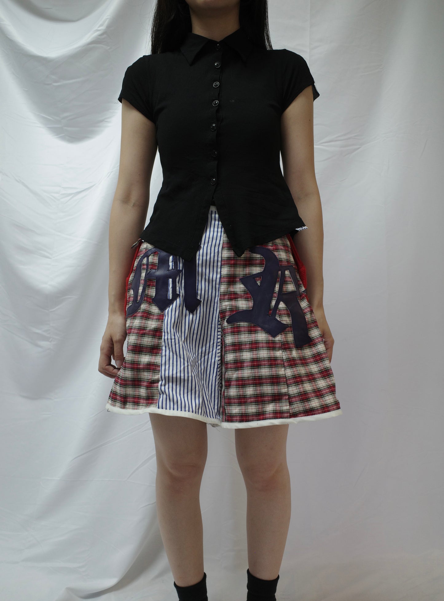 "The MR.Shorts"made with vintage stripe shirt & 3R. original leather patch
