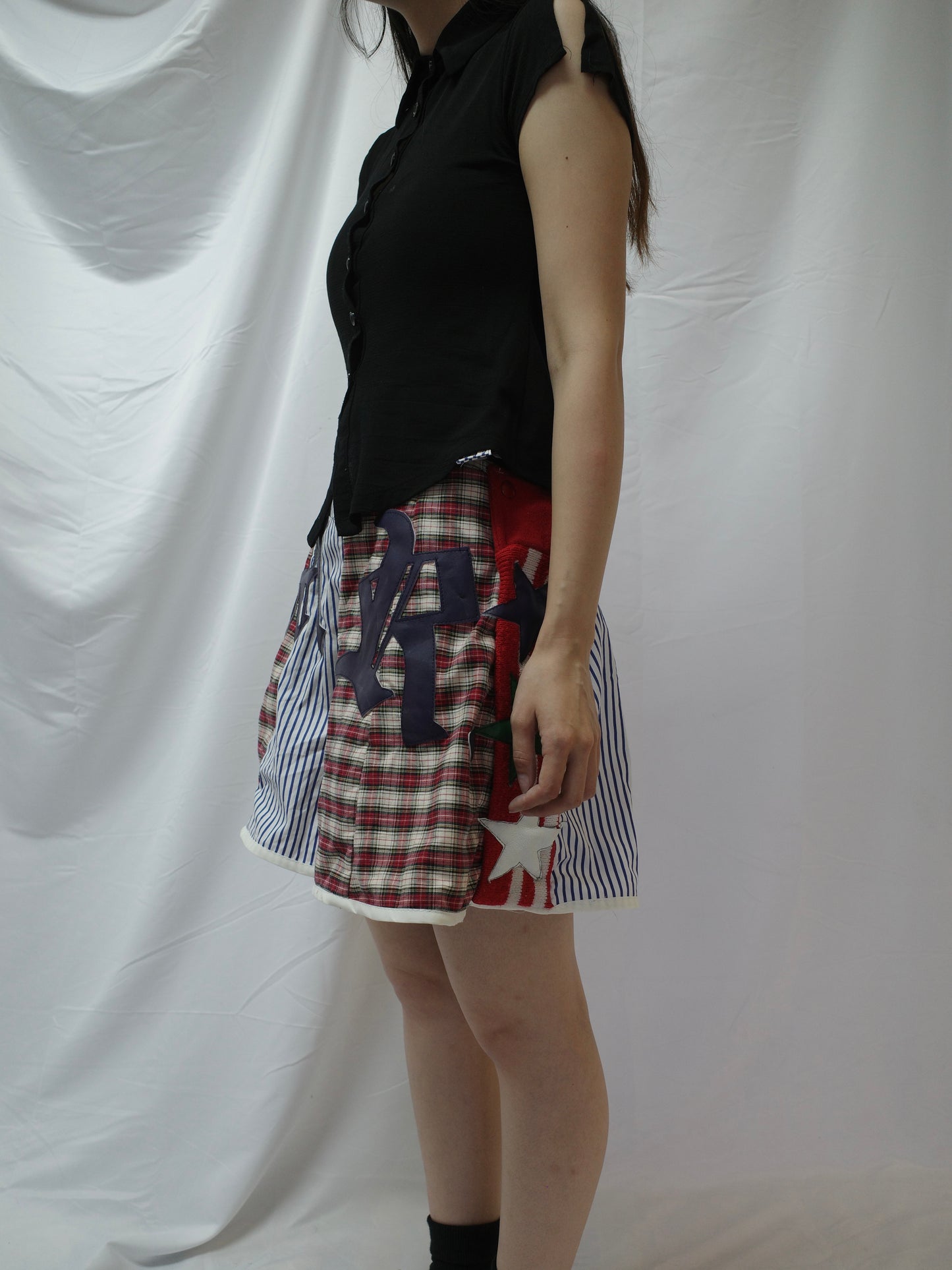 "The MR.Shorts"made with vintage stripe shirt & 3R. original leather patch