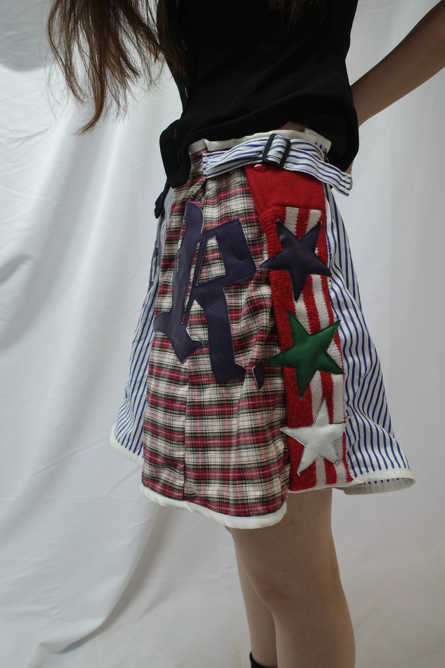 "The MR.Shorts"made with vintage stripe shirt & 3R. original leather patch