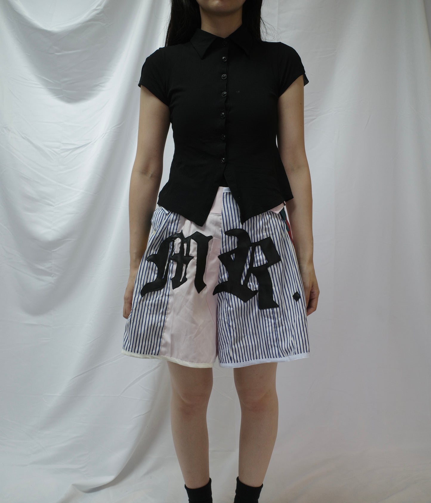 "The MR.Shorts"made with vintage stripe shirt & 3R. original leather patch