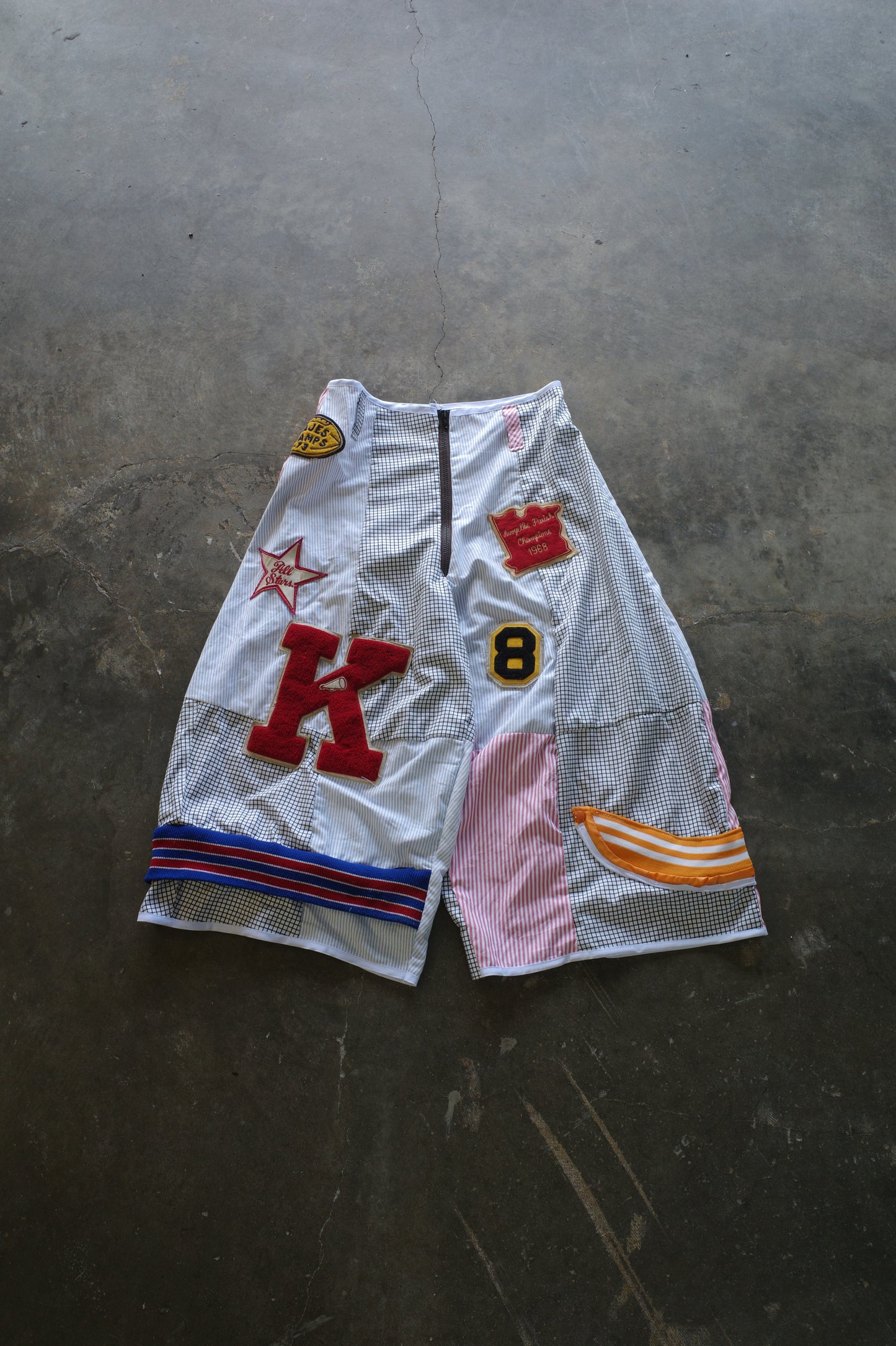 Wide Legged Patched Pants(S) /  made with vintage mens striped shirt w vintage patches