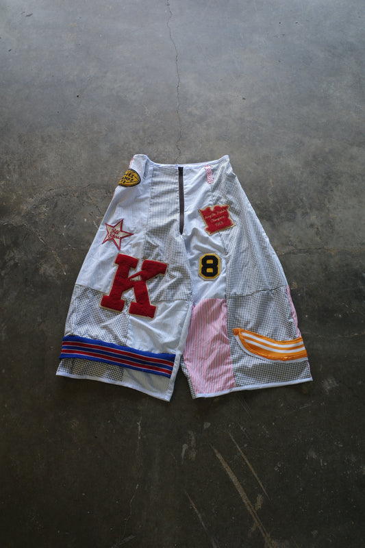 Wide Legged Patched Pants(S) /  made with vintage mens striped shirt w vintage patches