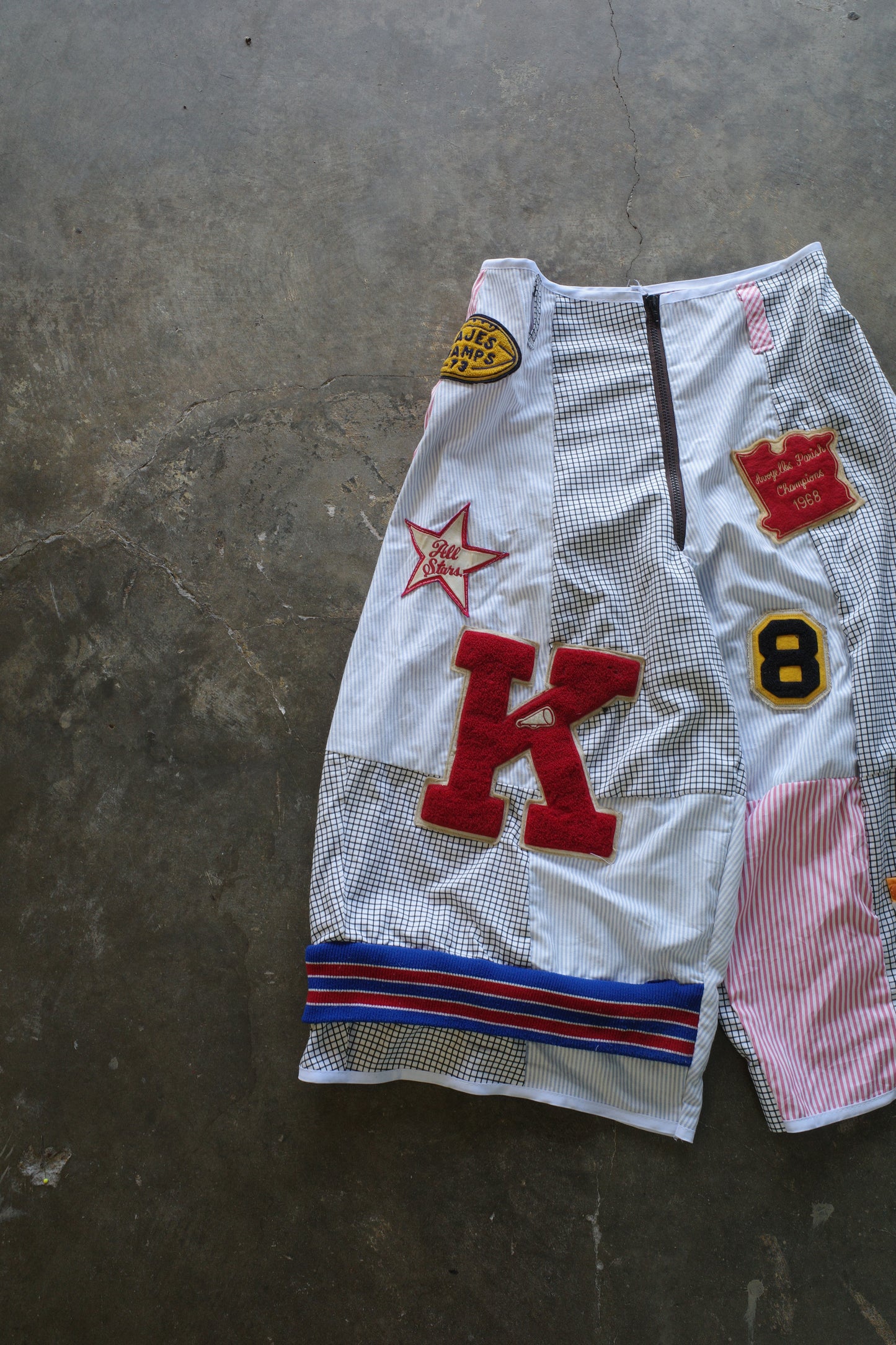 Wide Legged Patched Pants(S) /  made with vintage mens striped shirt w vintage patches