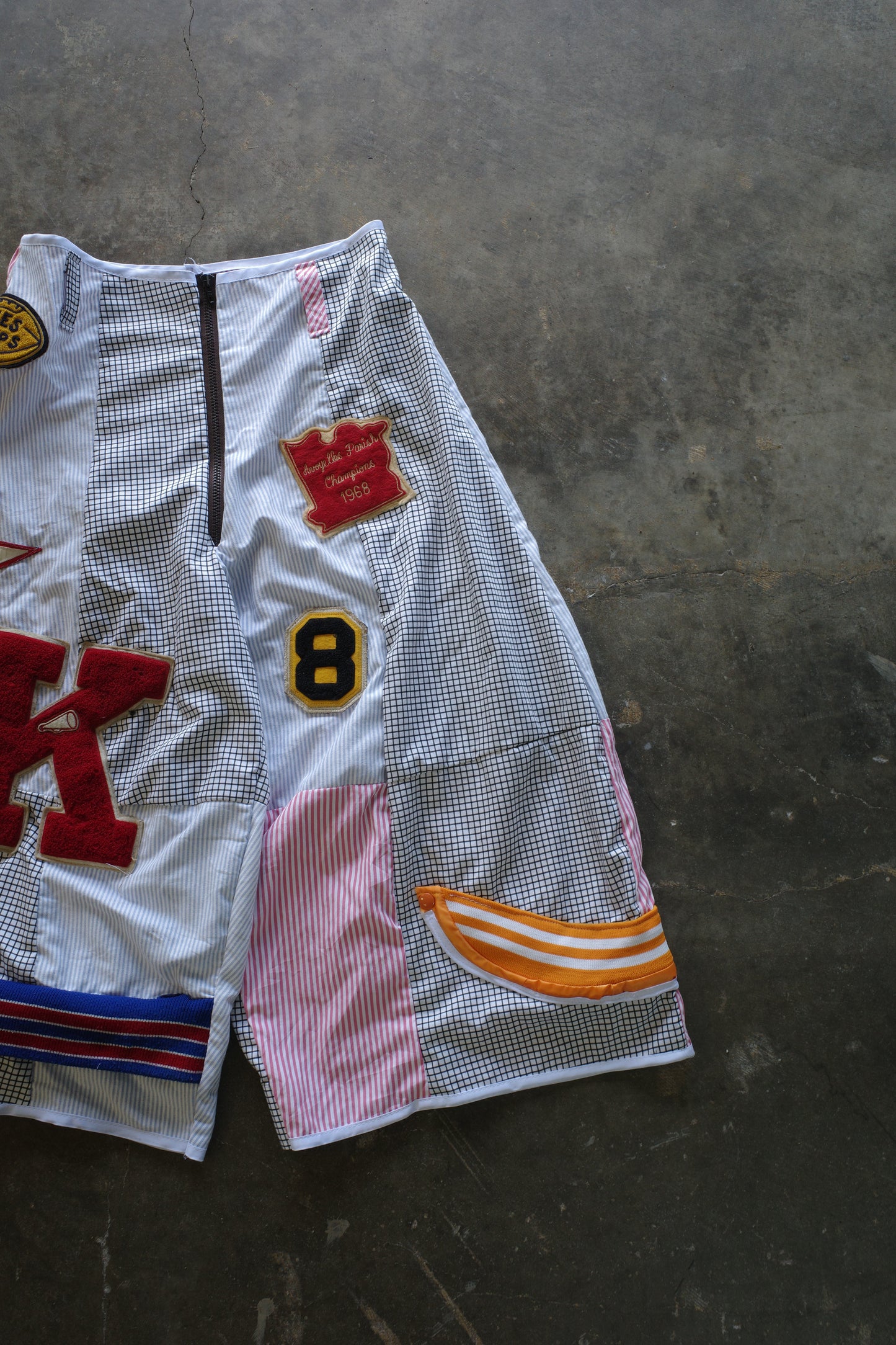 Wide Legged Patched Pants(S) /  made with vintage mens striped shirt w vintage patches