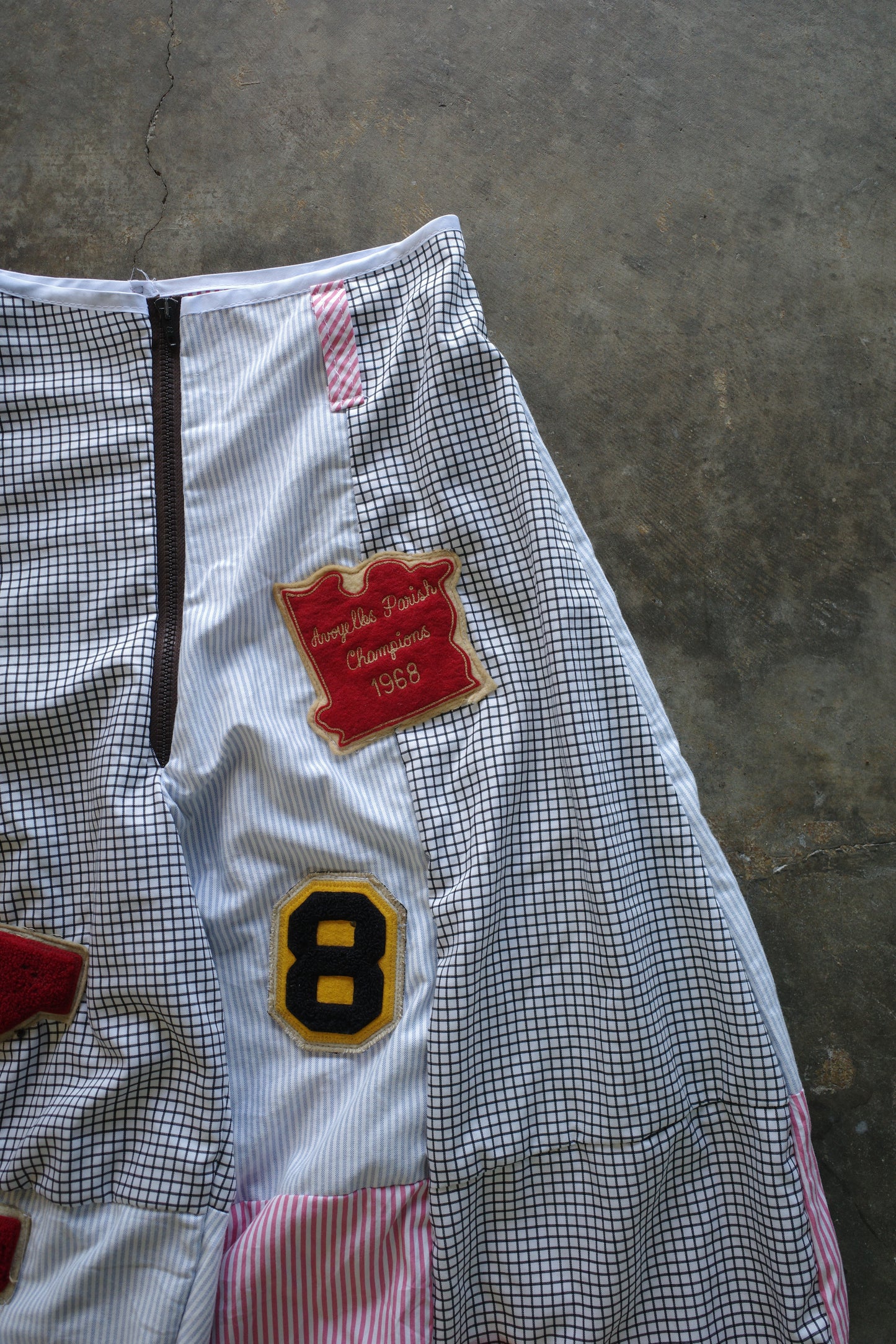 Wide Legged Patched Pants(S) /  made with vintage mens striped shirt w vintage patches