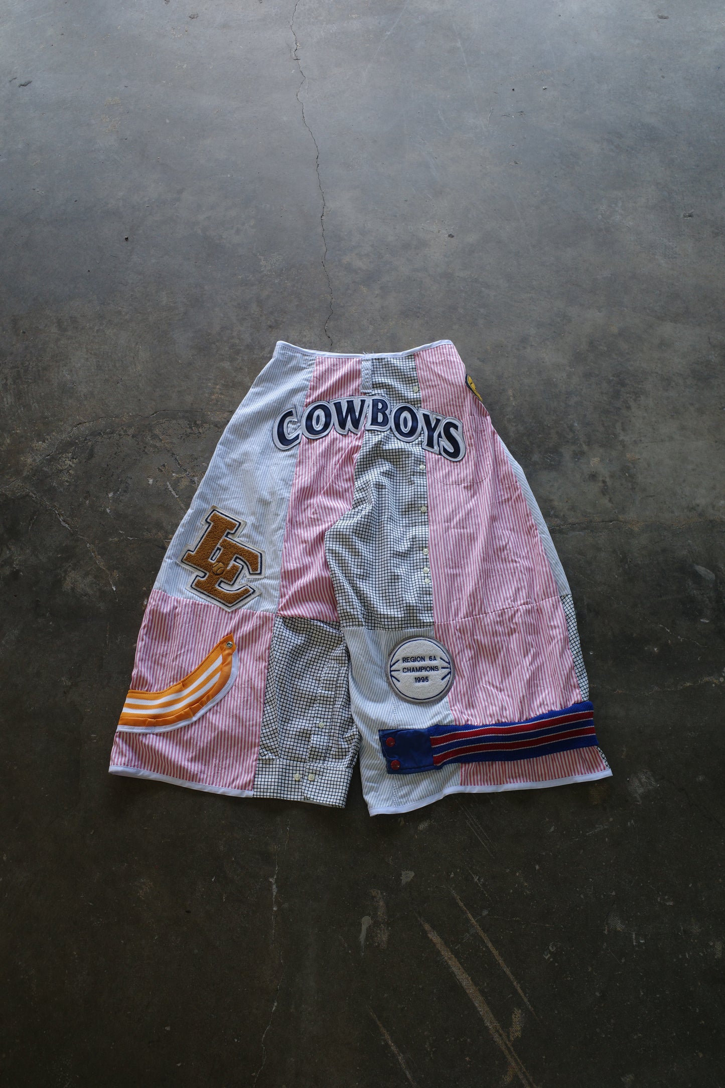 Wide Legged Patched Pants(S) /  made with vintage mens striped shirt w vintage patches