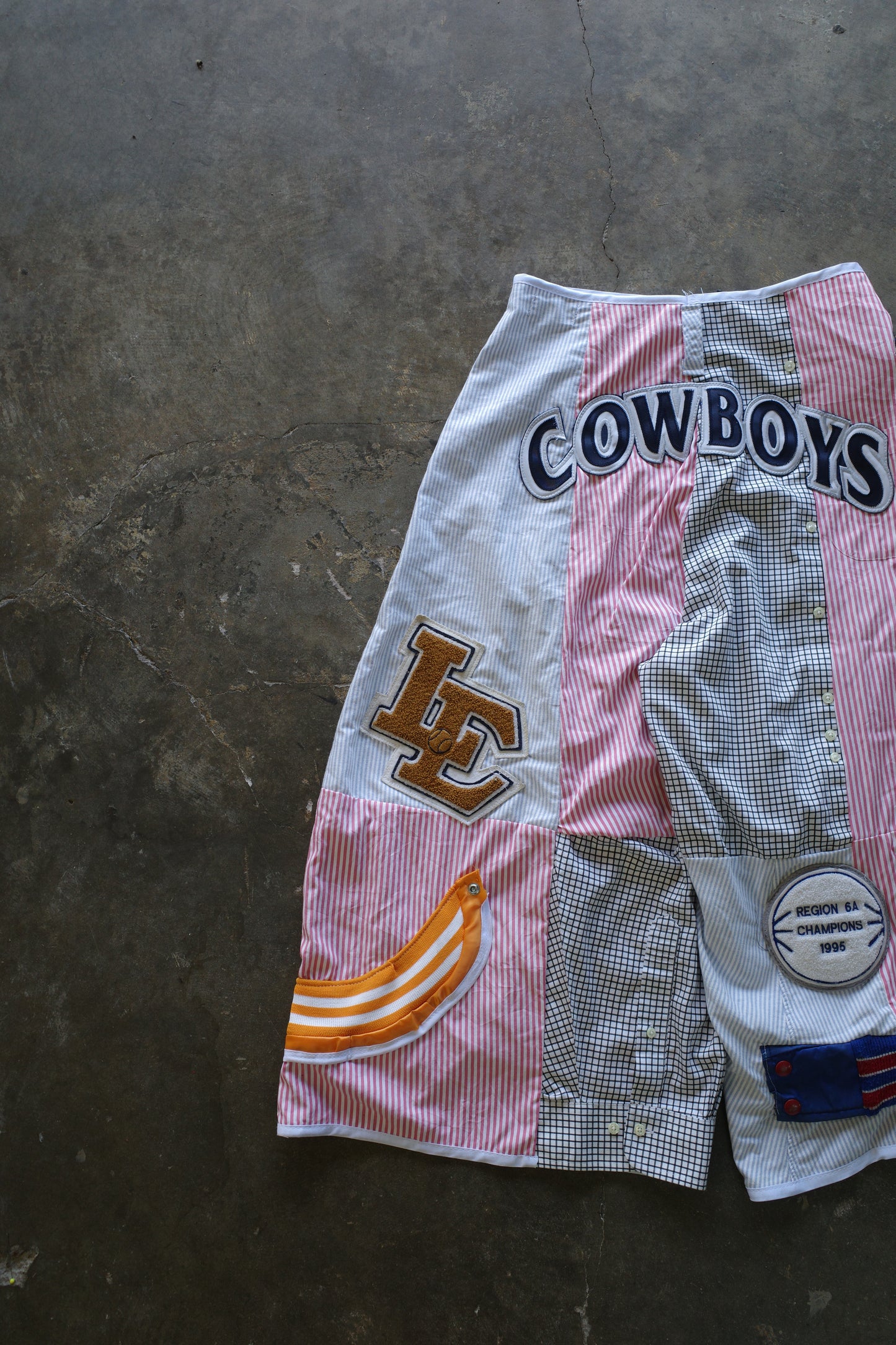 Wide Legged Patched Pants(S) /  made with vintage mens striped shirt w vintage patches