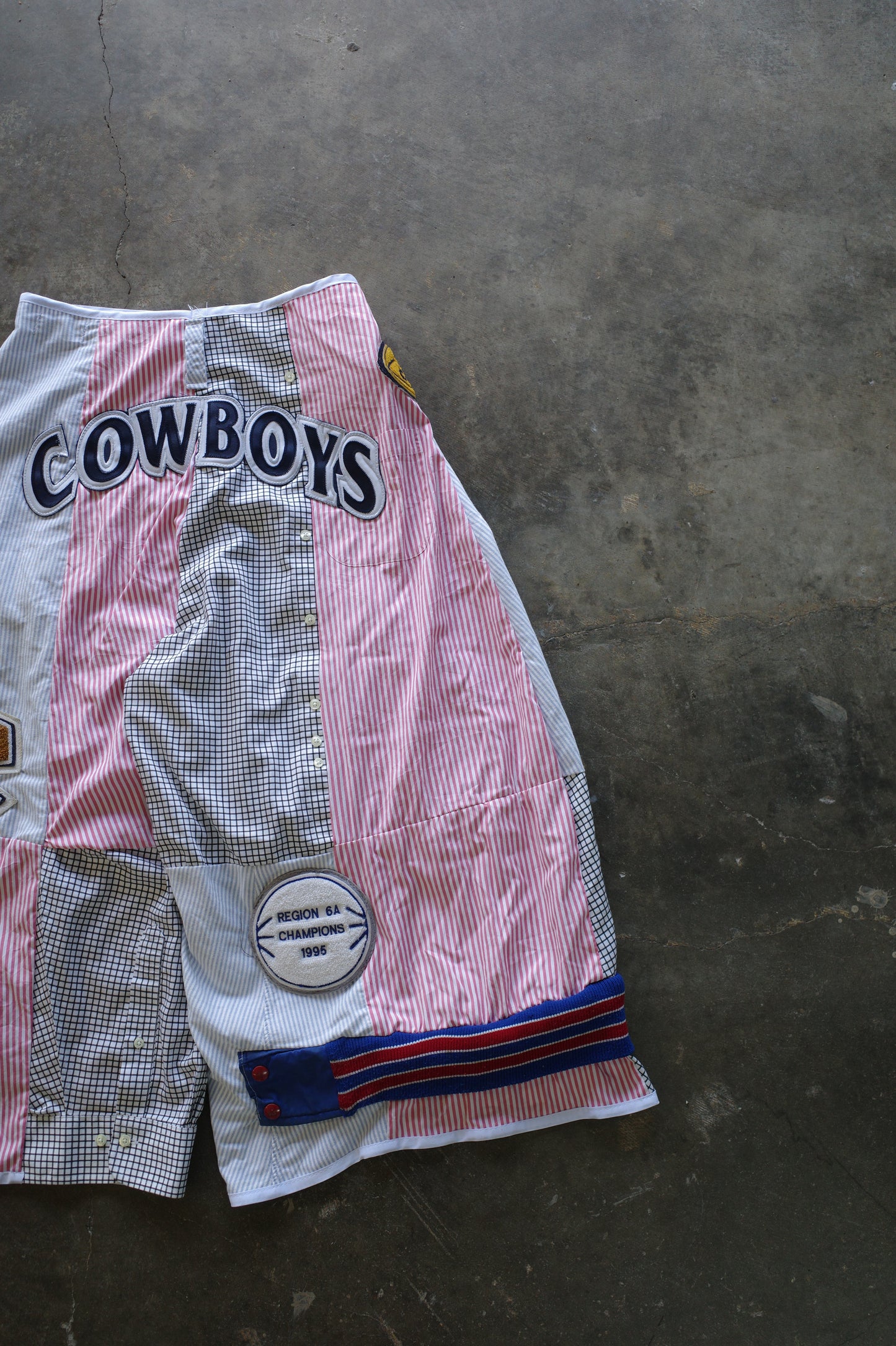 Wide Legged Patched Pants(S) /  made with vintage mens striped shirt w vintage patches