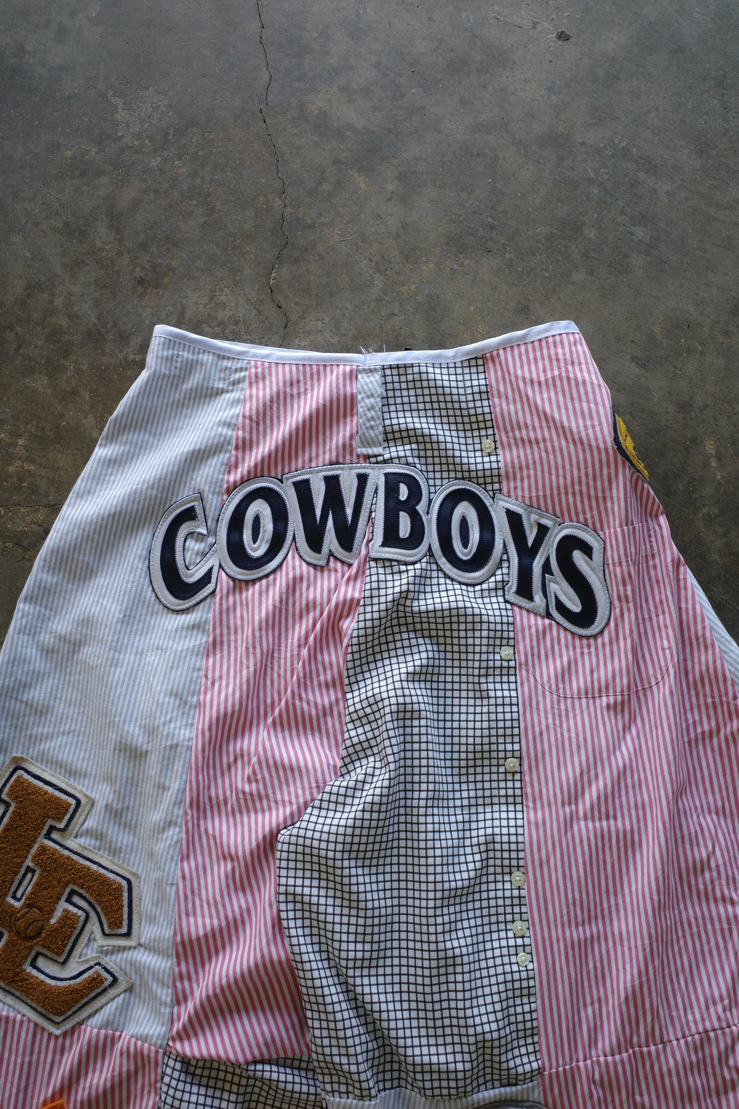 Wide Legged Patched Pants(S) /  made with vintage mens striped shirt w vintage patches